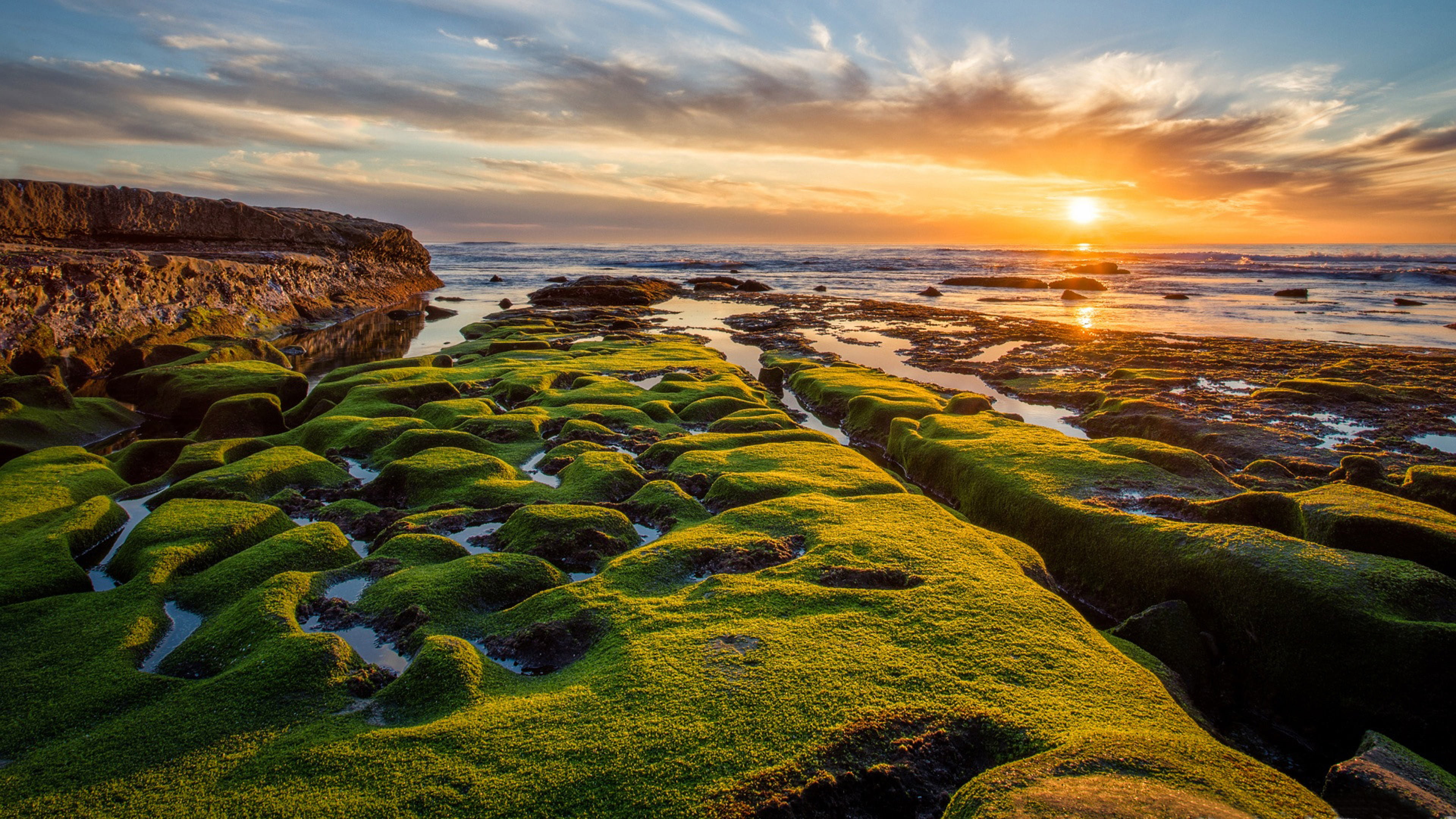 Pacific Ocean Coast Sunset Orange Sky Clouds Green Rock Waves Hd Desktop Wallpaper For Mobile Phones Tablet And Laptop 2k 4k