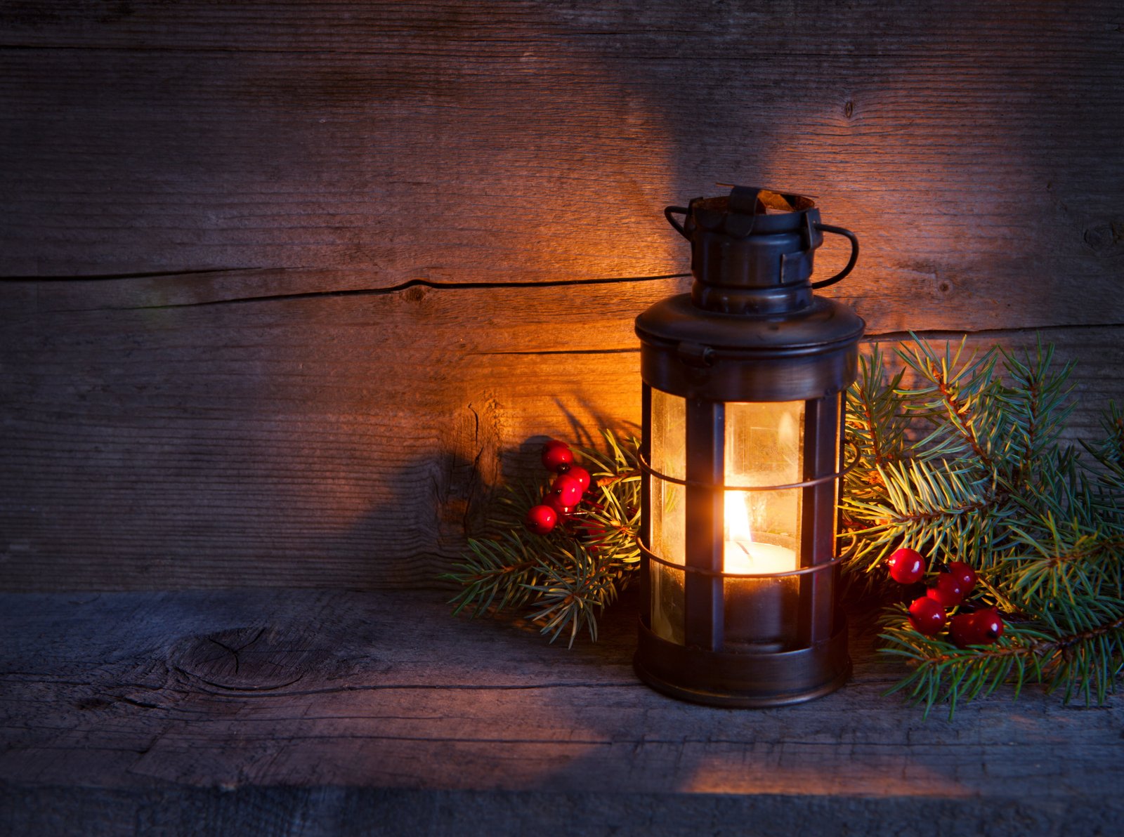 black candle lantern winter light tree spruce branch New Year 2k 4k 5k