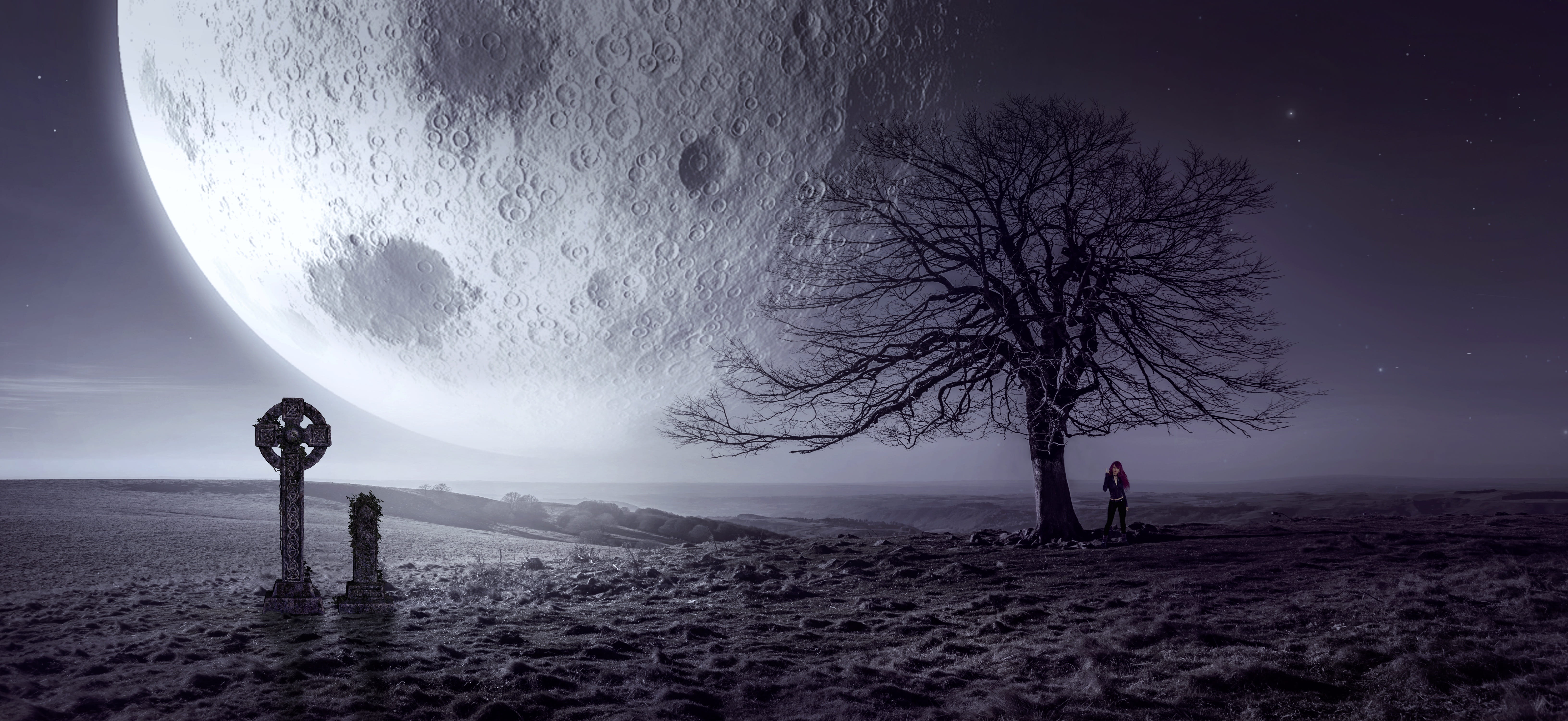 fantasy moon tree cross cemetery mysterious mystical 2k 4k 5k