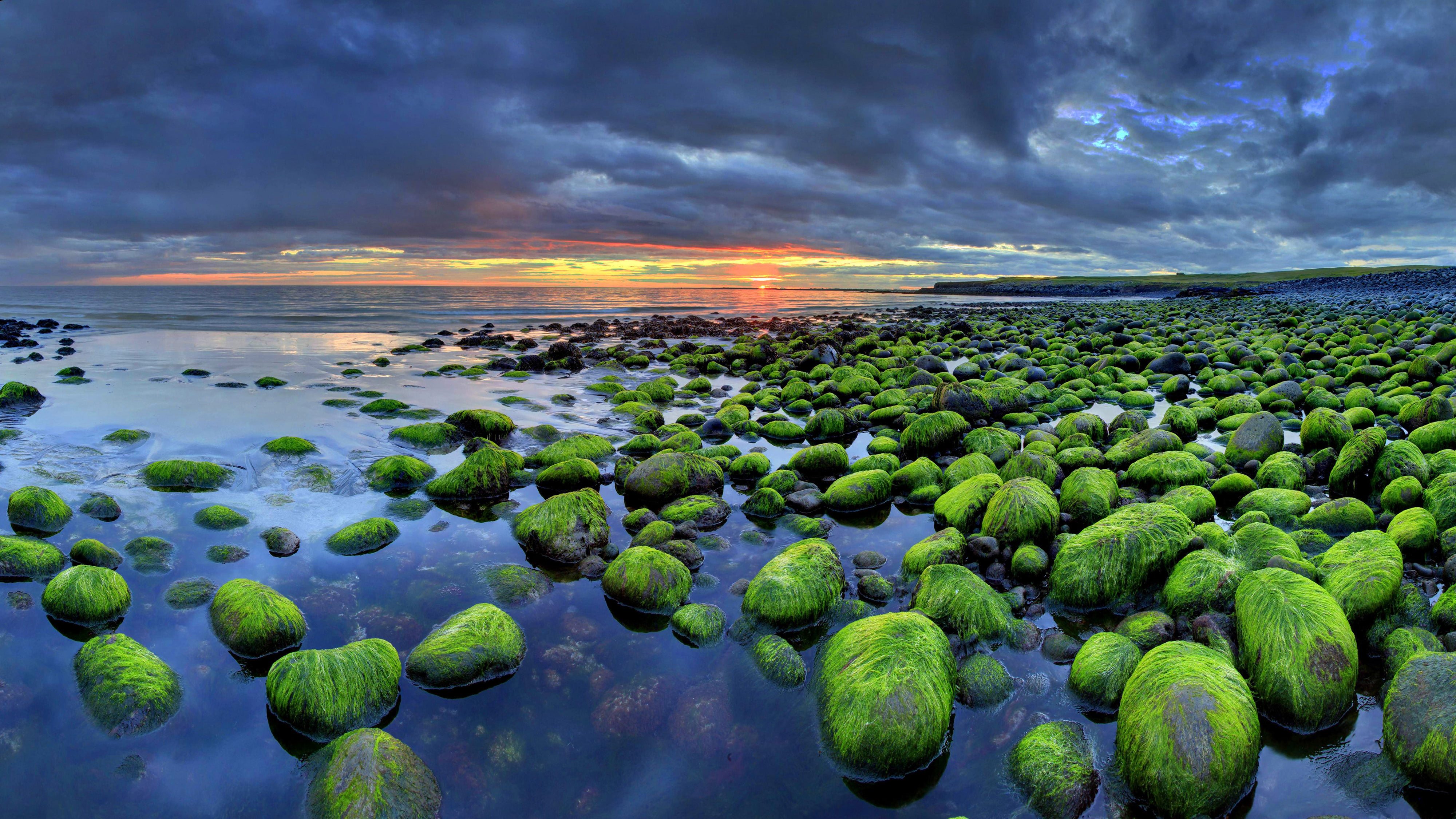 Iceland Wallpaper Hd Mossy Rocks Sunset Beach Nature 2k 4k