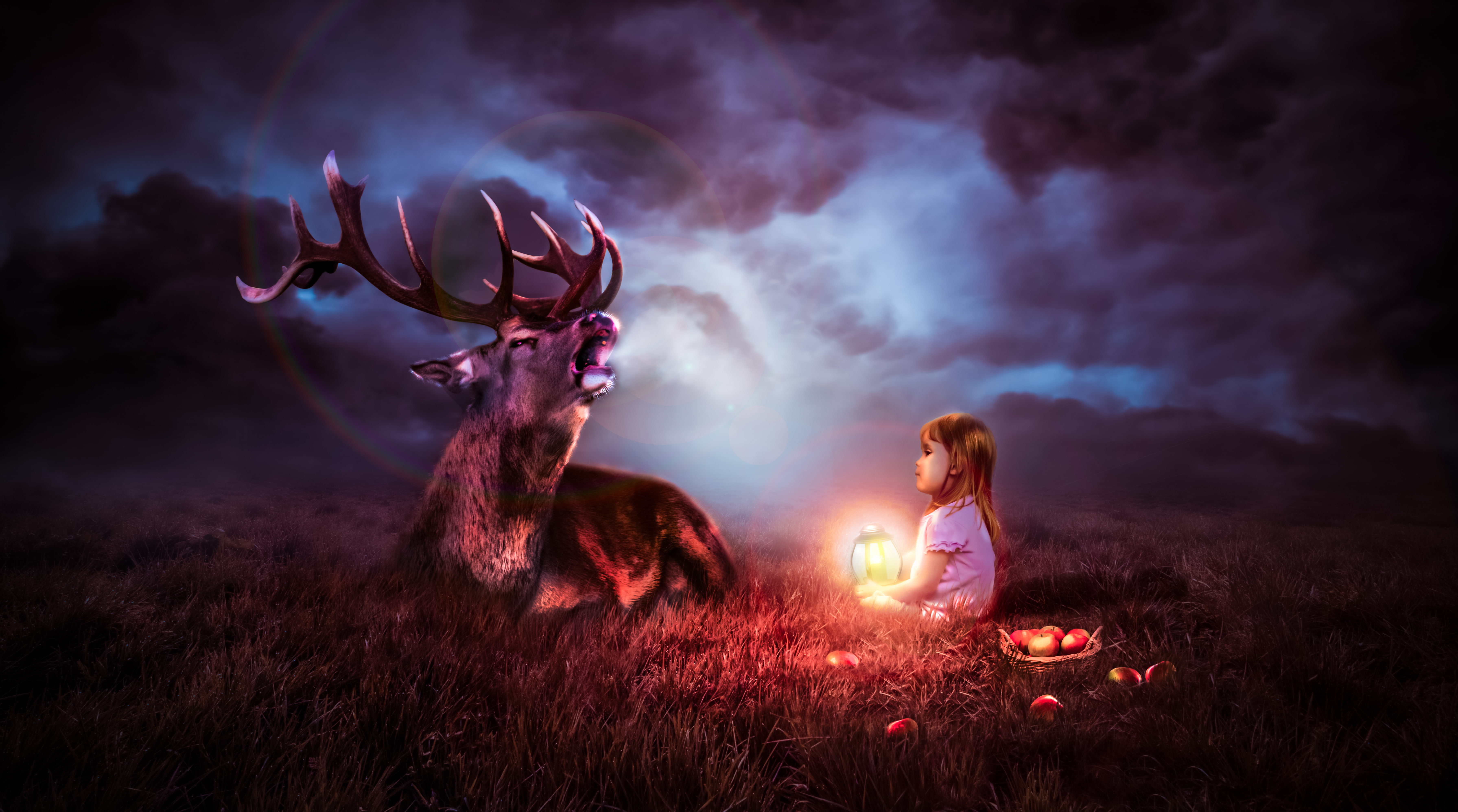 Lantern Apples Deer Night Cute child 2k 4k 5k