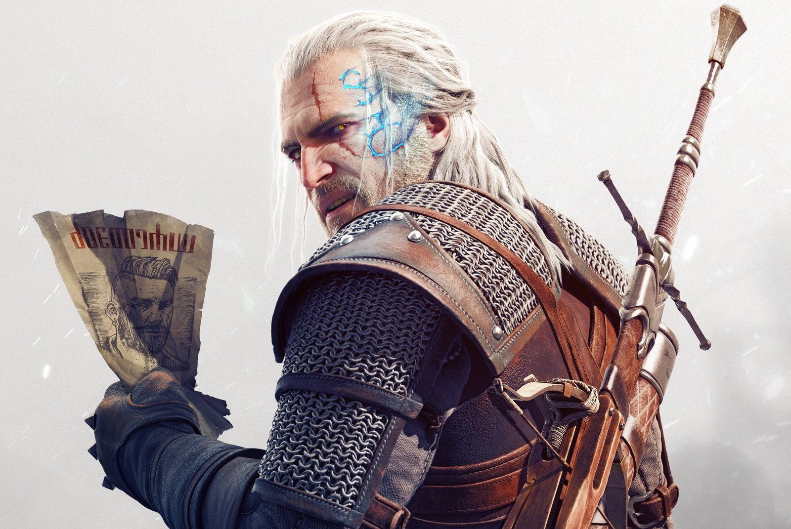look paper magic sword armor beard scar Geralt crossbow 2k 4k