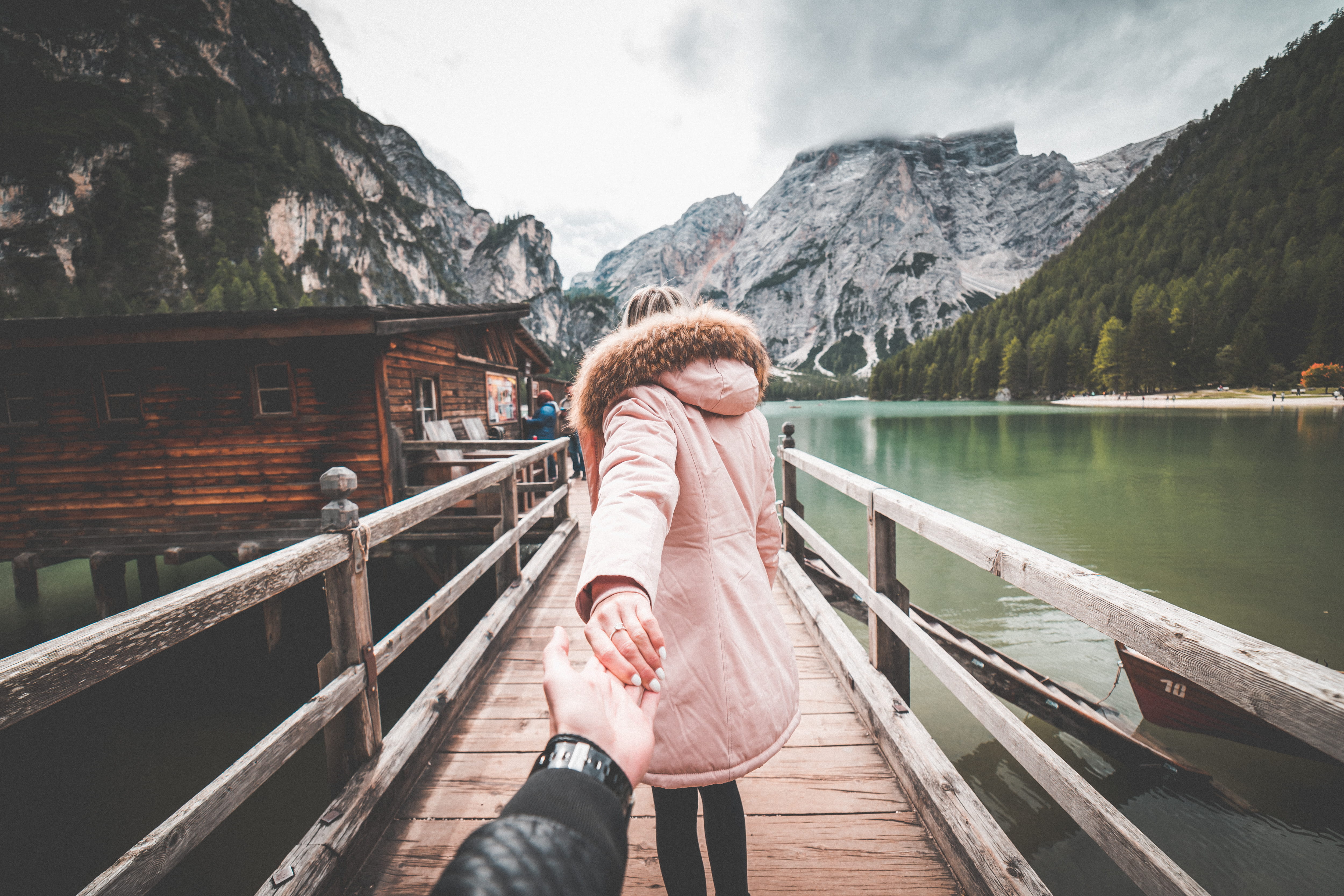 Lovely Couple in Follow Me To Pose on Braies Lake Pier Italy 2k 4k 5k
