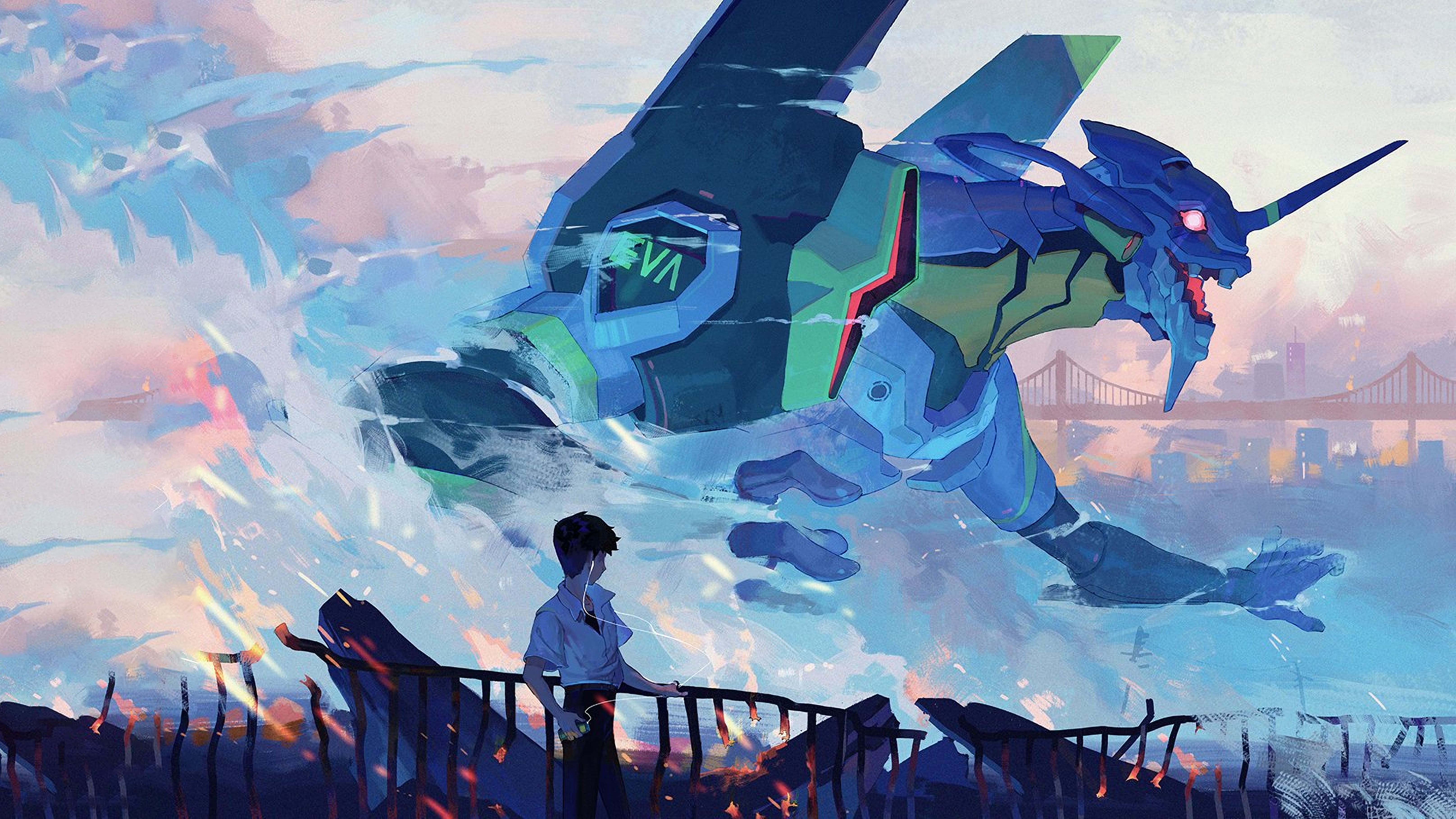 Neon Genesis Evangelion Ikari Shinji EVA Unit 01 clouds 2k 4k 5k
