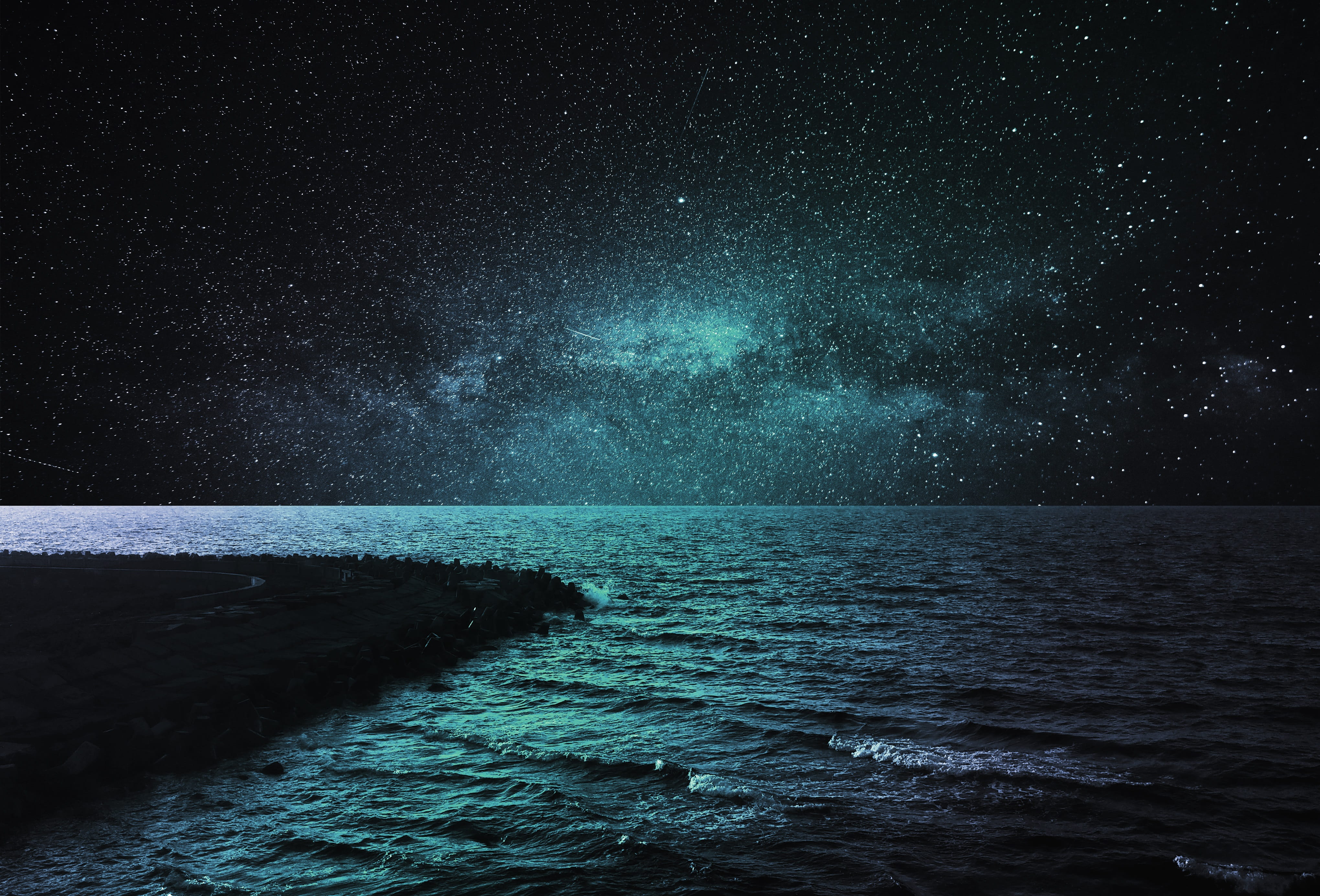 sea water blue galaxy stars night quite magic air ocean 2k 4k