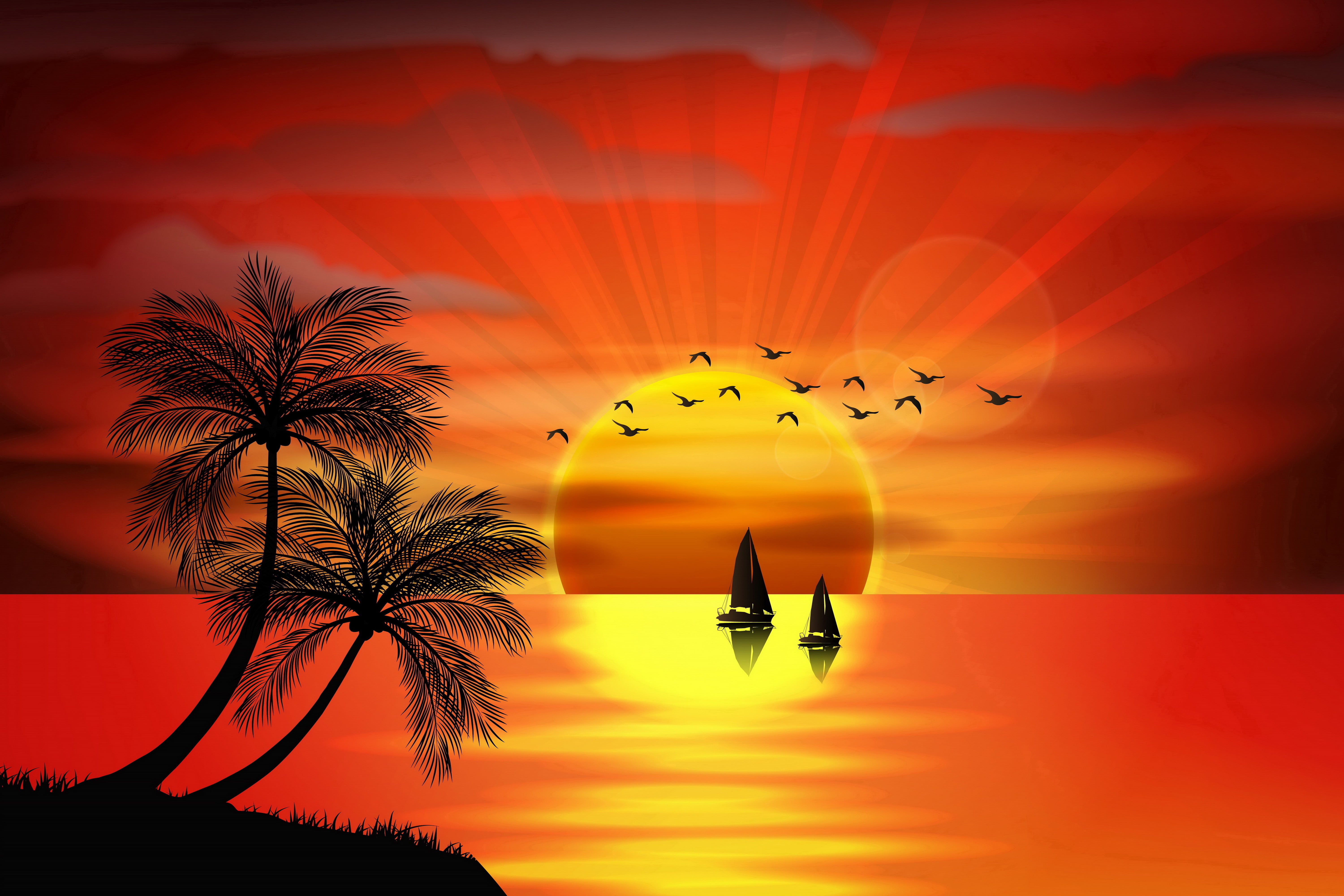sunset on beach illustration sea birds palm trees vector 2k 4k 5k