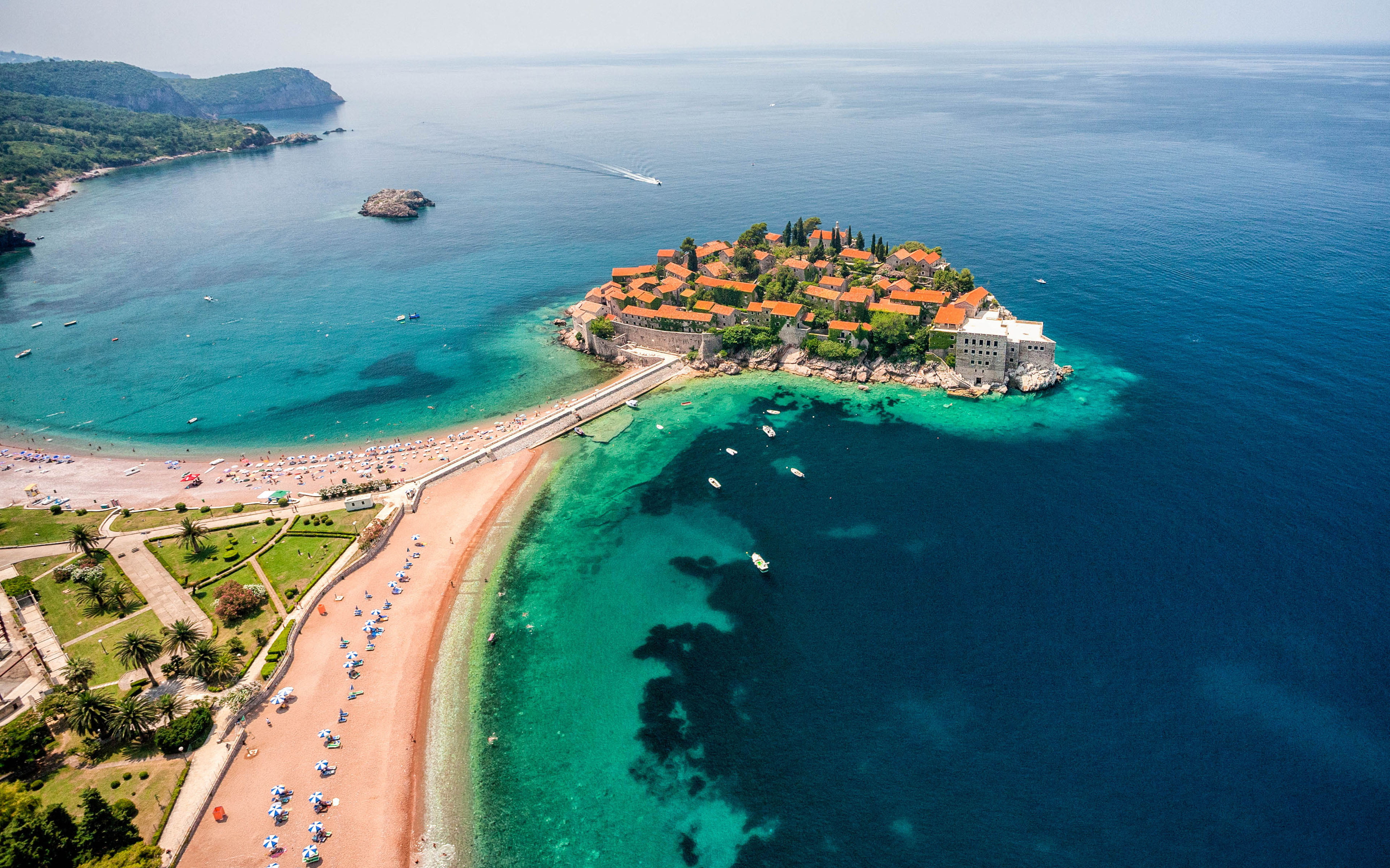 Sveti Stefan Small Island 6 Km Southeast Of Budva Montenegro Adriatic Sea Panoramic View From Air 2k 4k