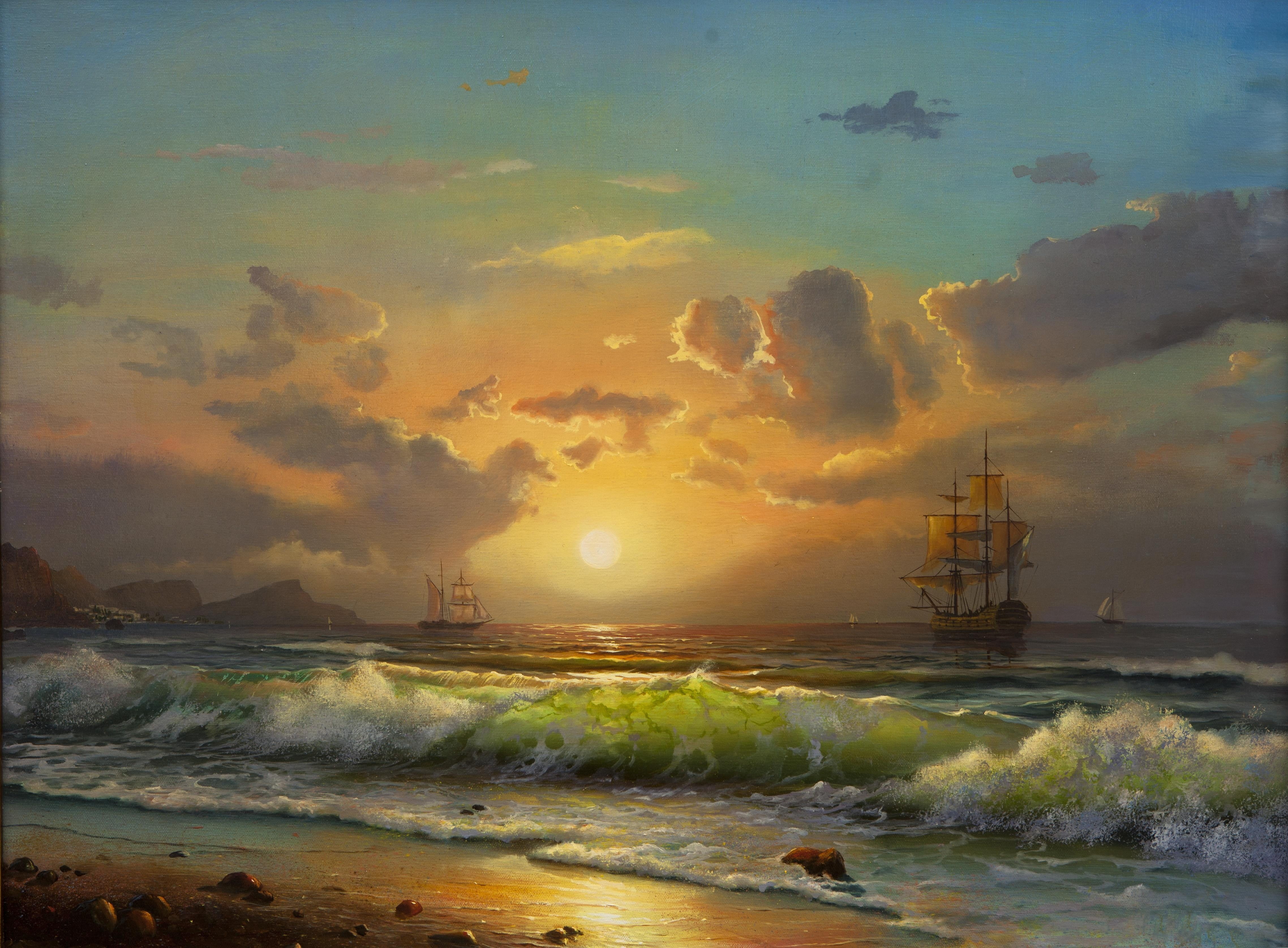two galleon at sea wallpaper ship painting waves Sun clouds 2k 4k 5k