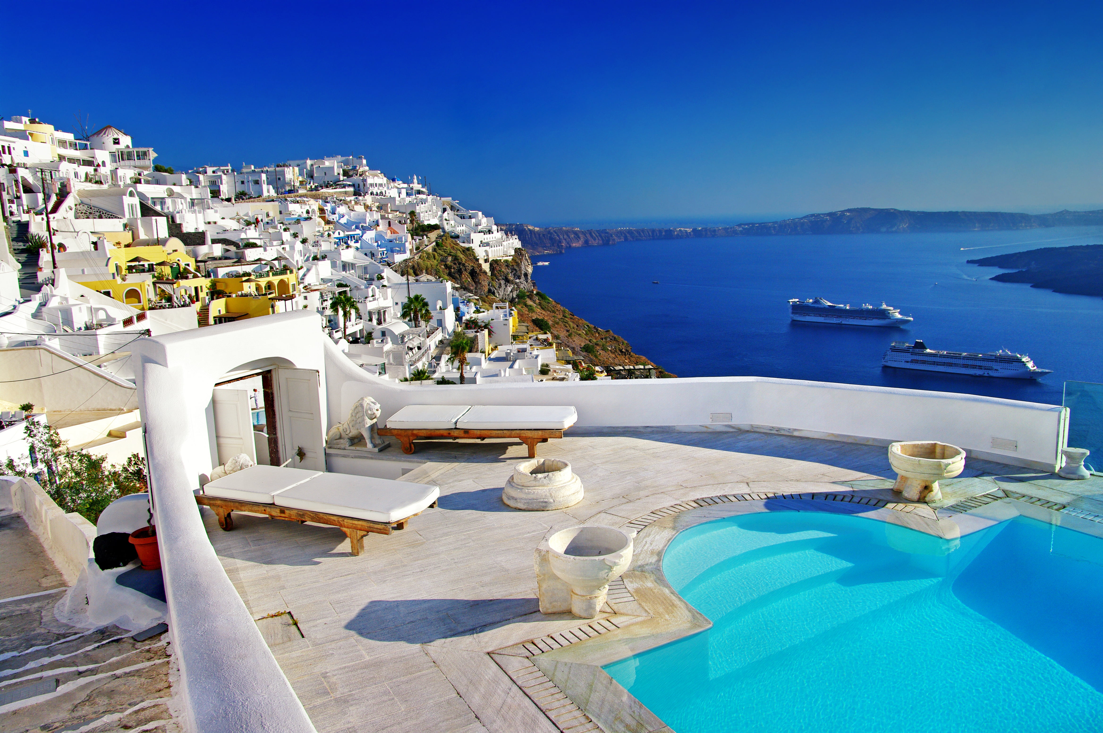 white swimming pool sea landscape nature home Santorini 2k 4k 5k