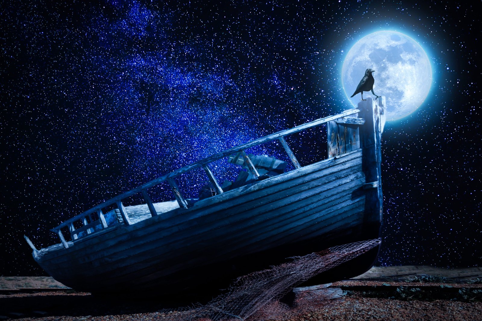 black bird on top of brown wooden boat during full moon illustration 2k 4k 5k