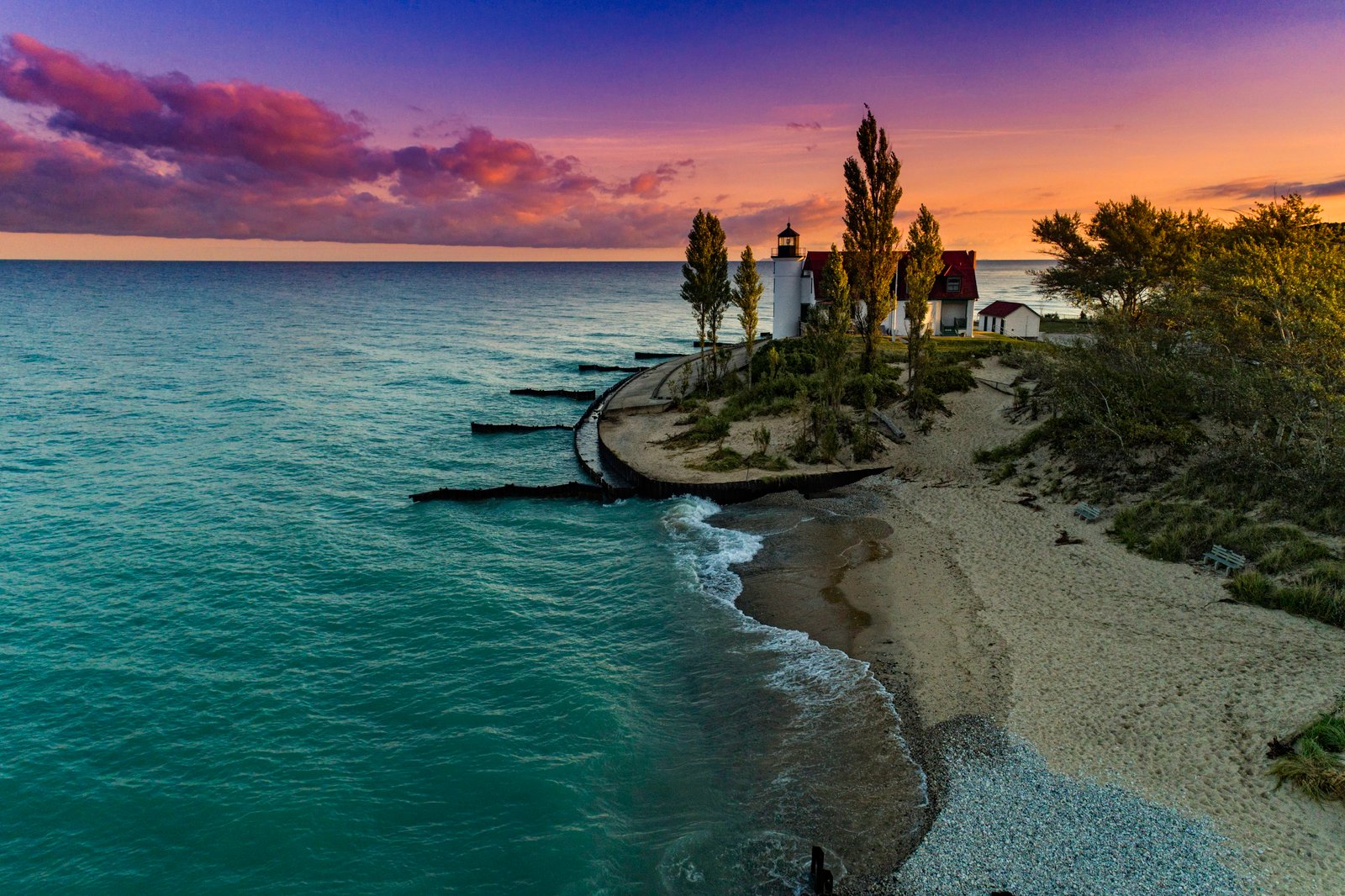 body of water near tree lake michigan lighthouse point betsie 2k 4k 5k