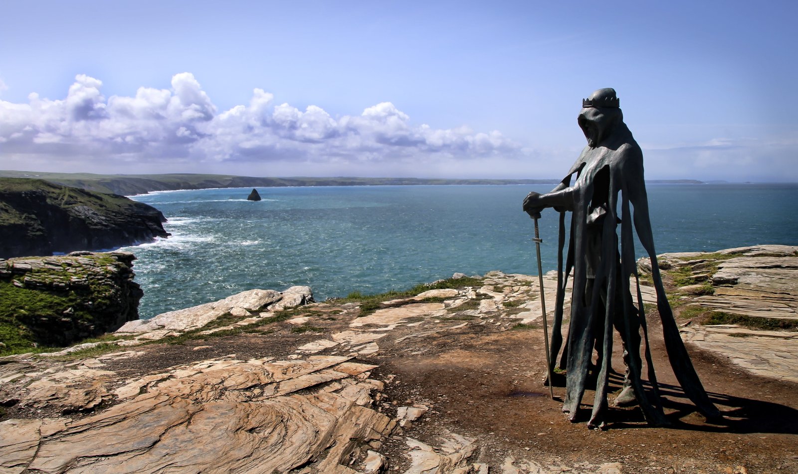 king coast arthur tintagel statue sea knight landscape 2k 4k 5k