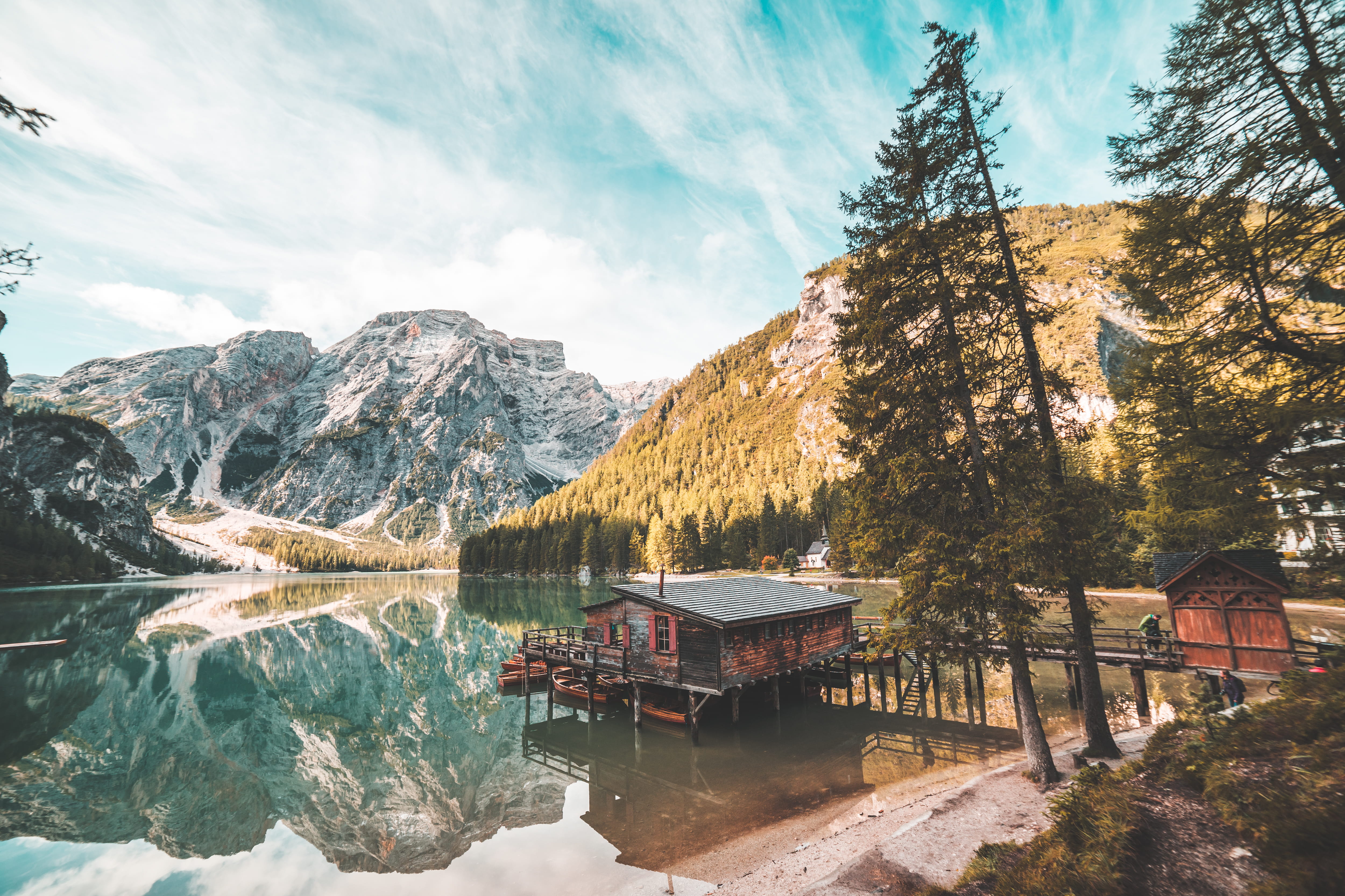 Old Wooden House on Braies Lake Italy Dolomites autumn beautiful 2k 4k 5k