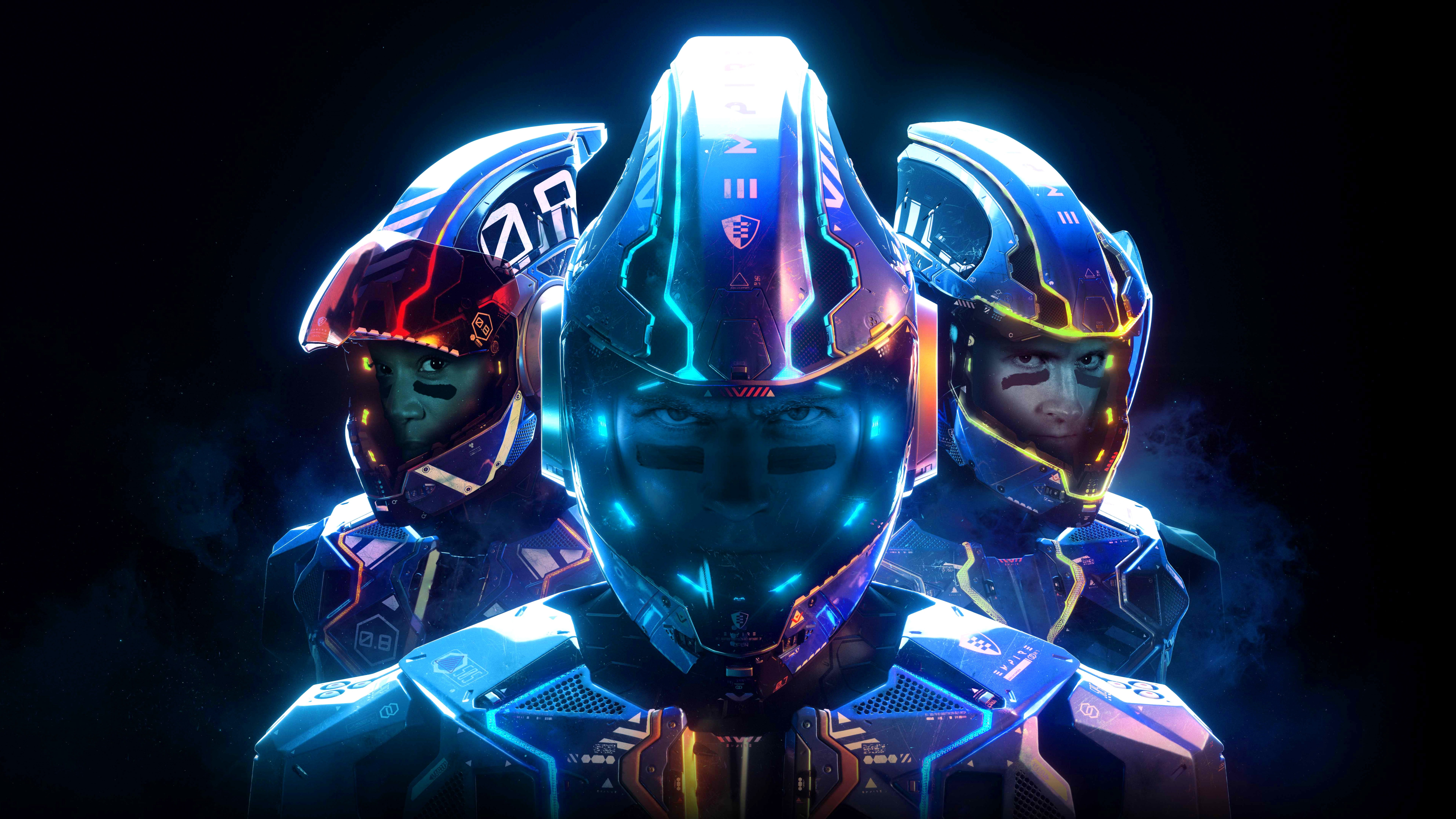 photo fo three man in blue LED armor Laser League poster 2k 4k 5k 8k