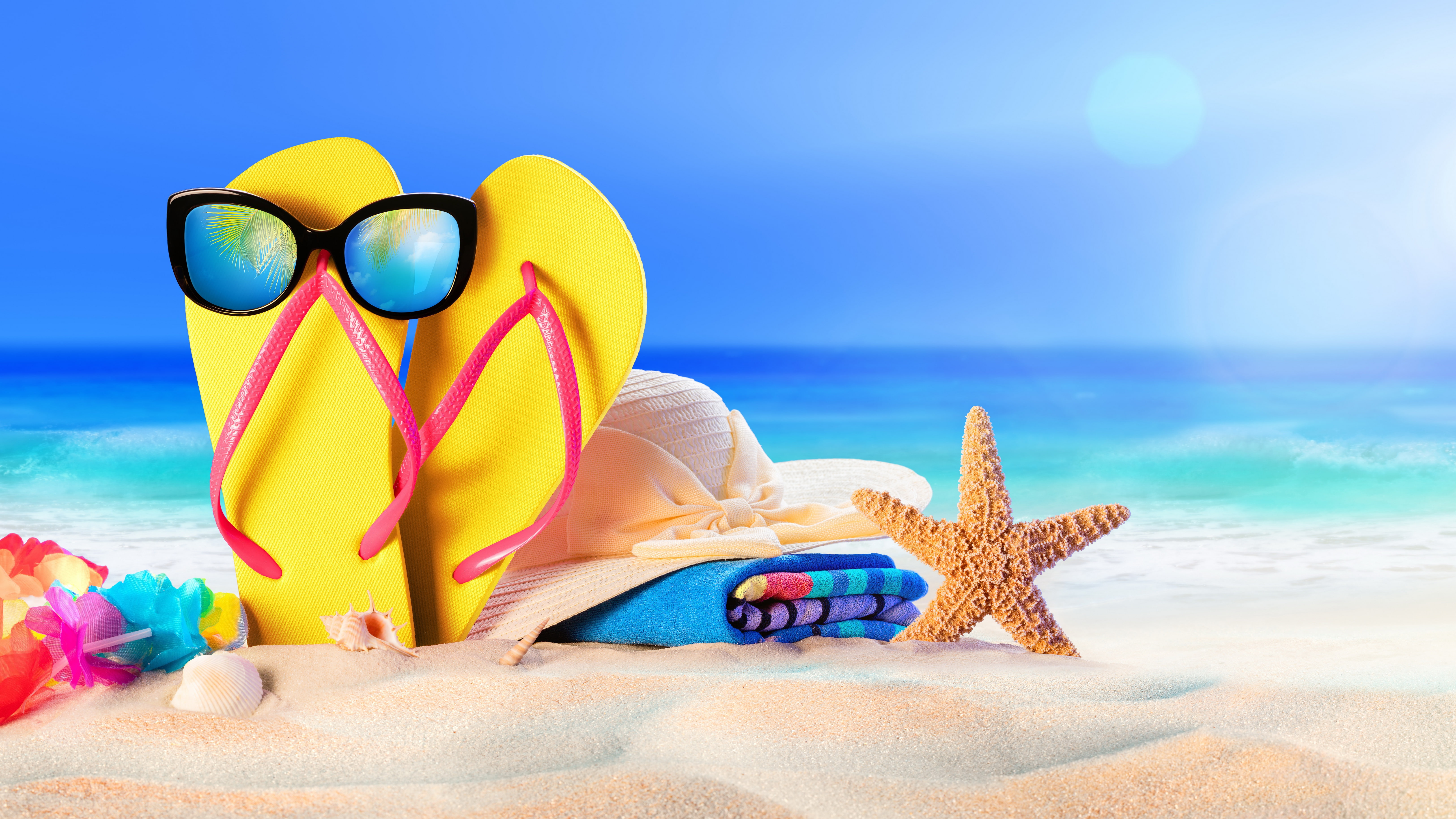 seashore and yellow flip flops sand beach the sun hat glasses 2k 4k 5k