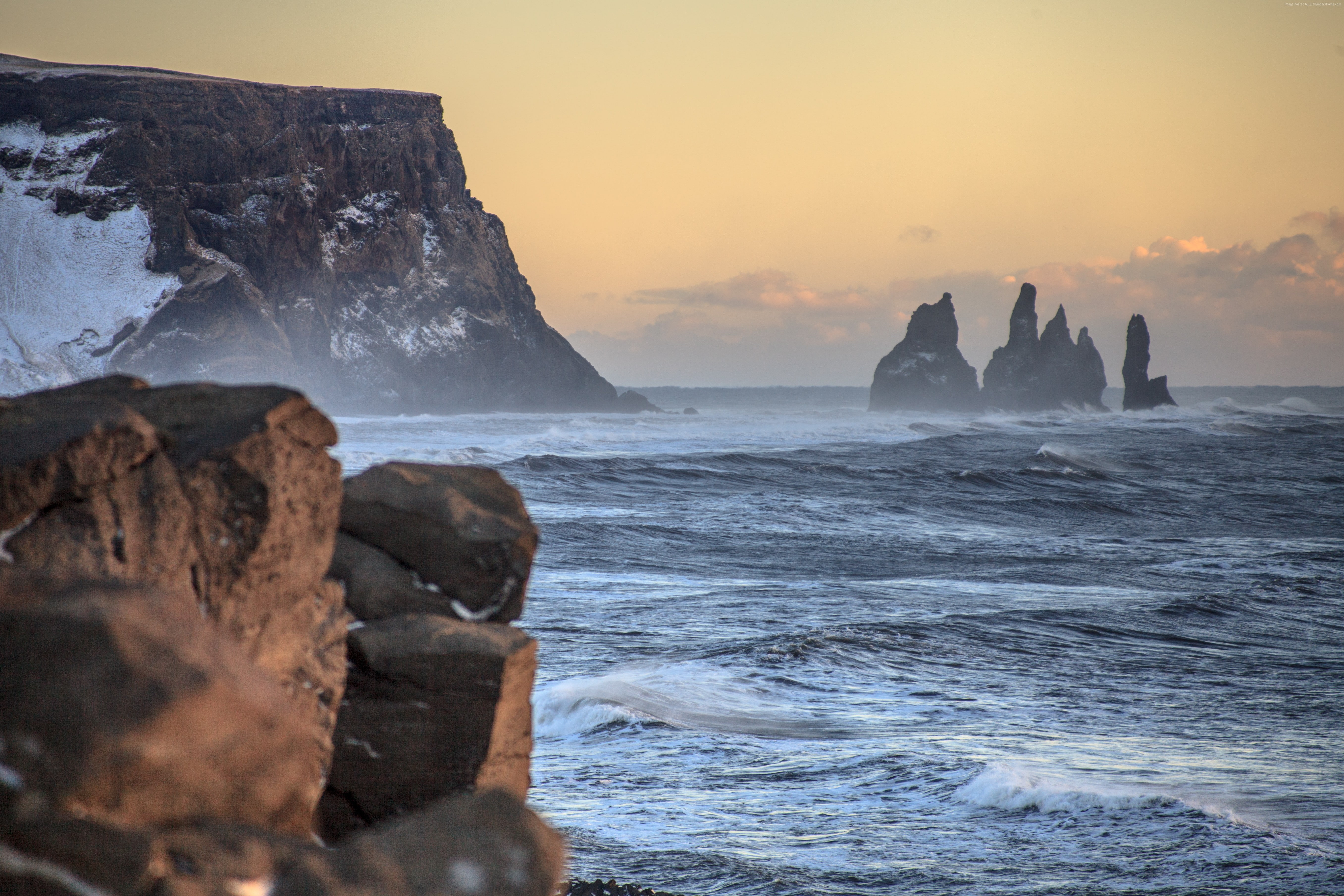 shore Dyrh laey Reynisdrangar Iceland rocks sunset 2k 4k 5k