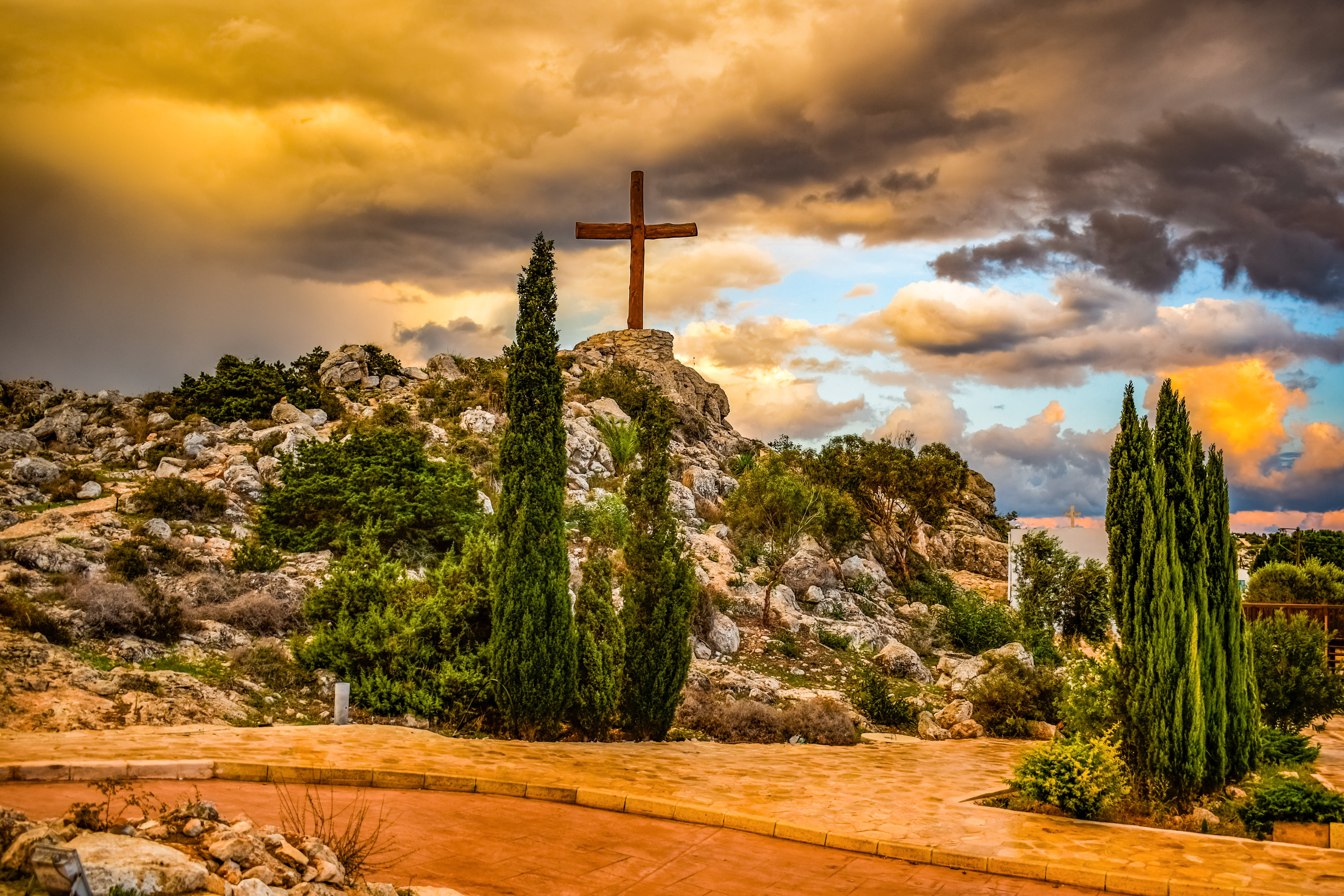 wooden cross on top of hill digital wallpaper nature sky clouds 2k 4k 5k