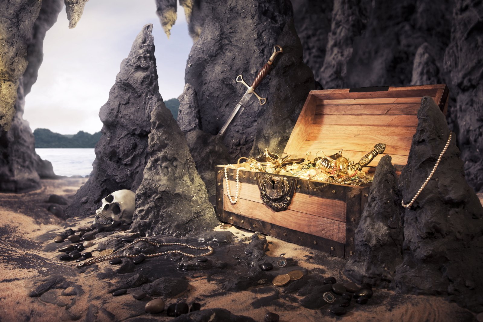brown wooden treasure chest sand sea beach stones rocks 2k 4k 5k