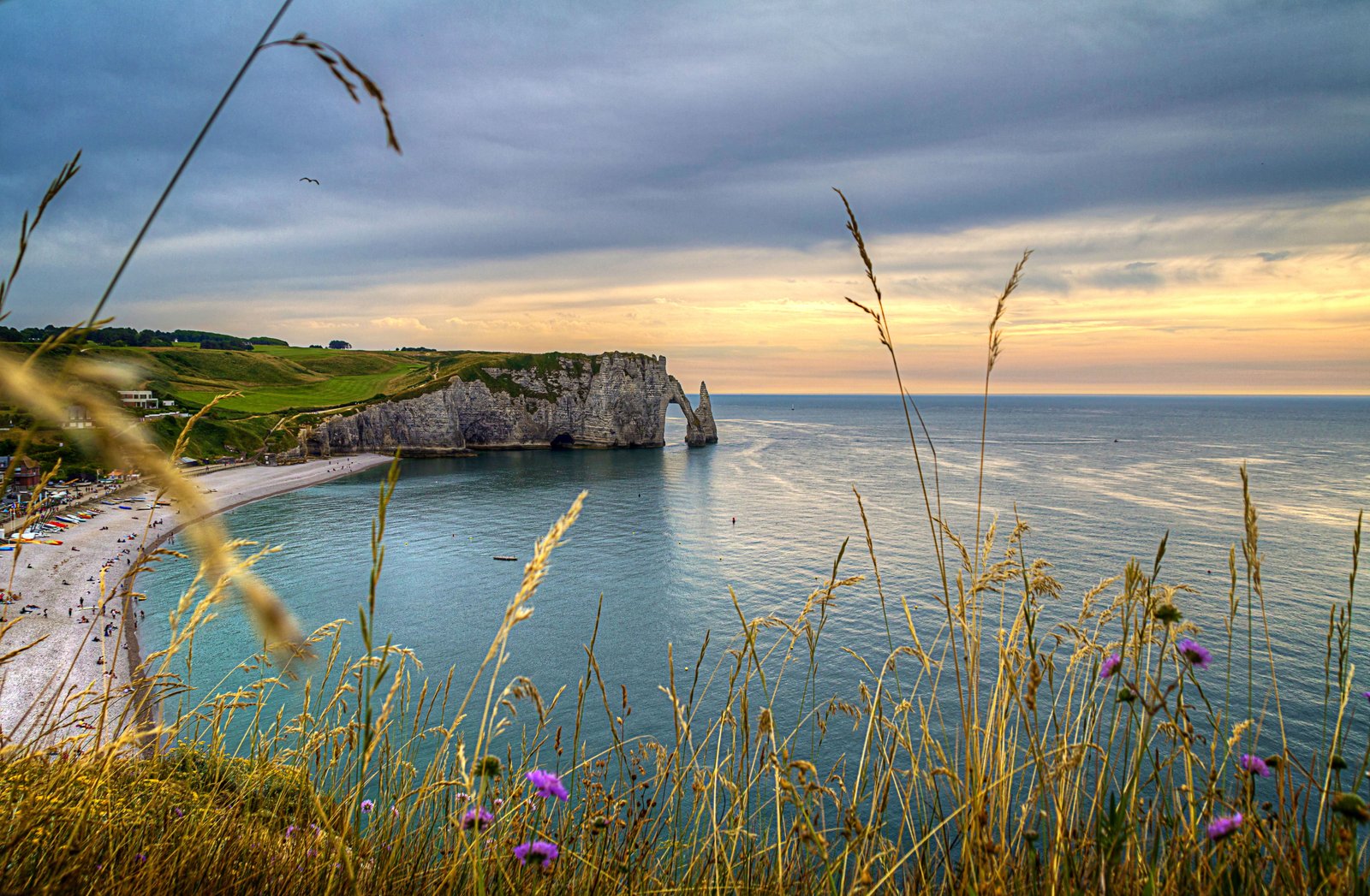 cliff with beach shore under cumulus clouds ETRETAT NORMANDY 2k 4k 5k