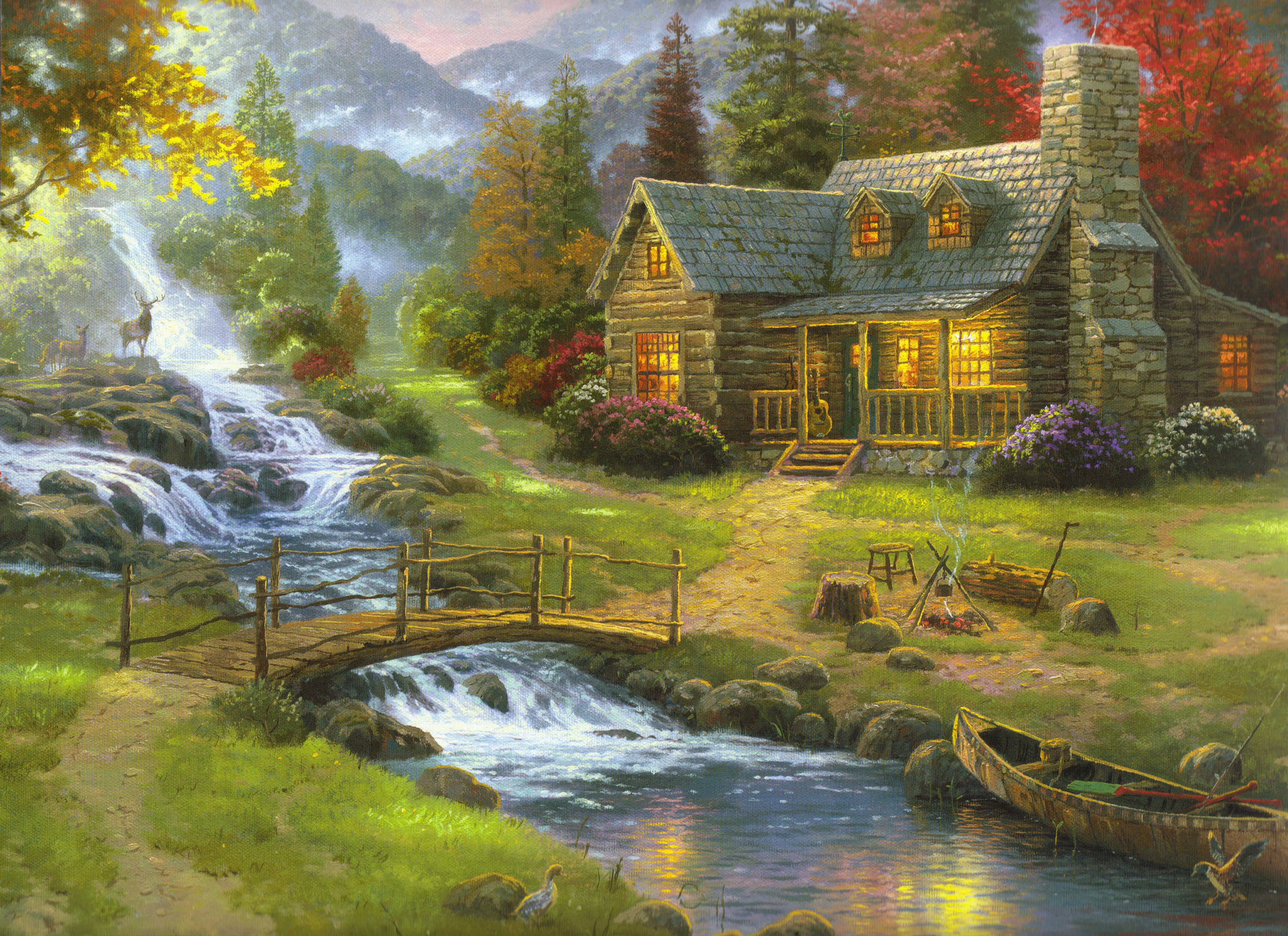 houses next tor river and trees painting forest nature fog 2k 4k