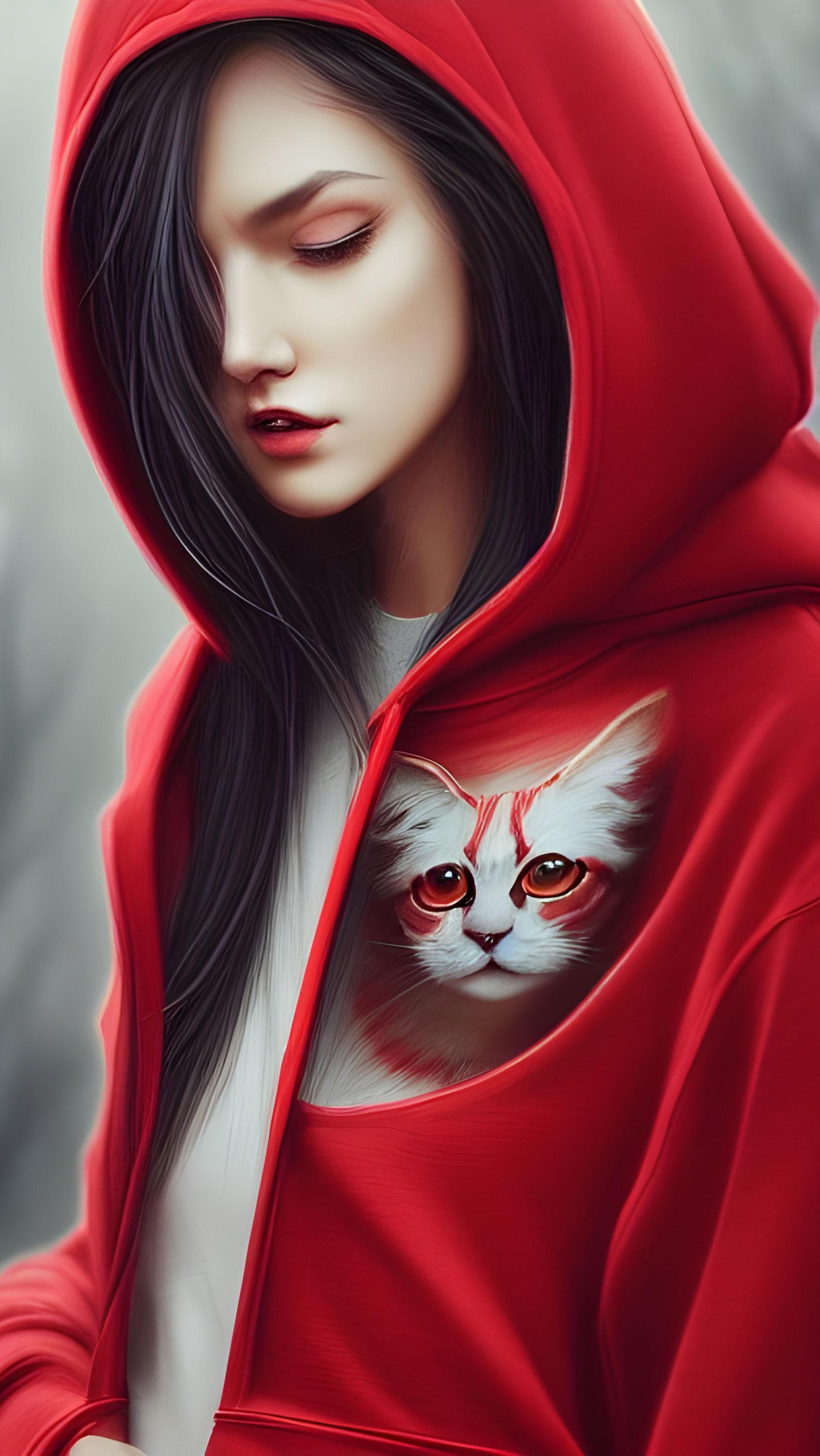 wallpaper girl cat hoodie cool 2k
