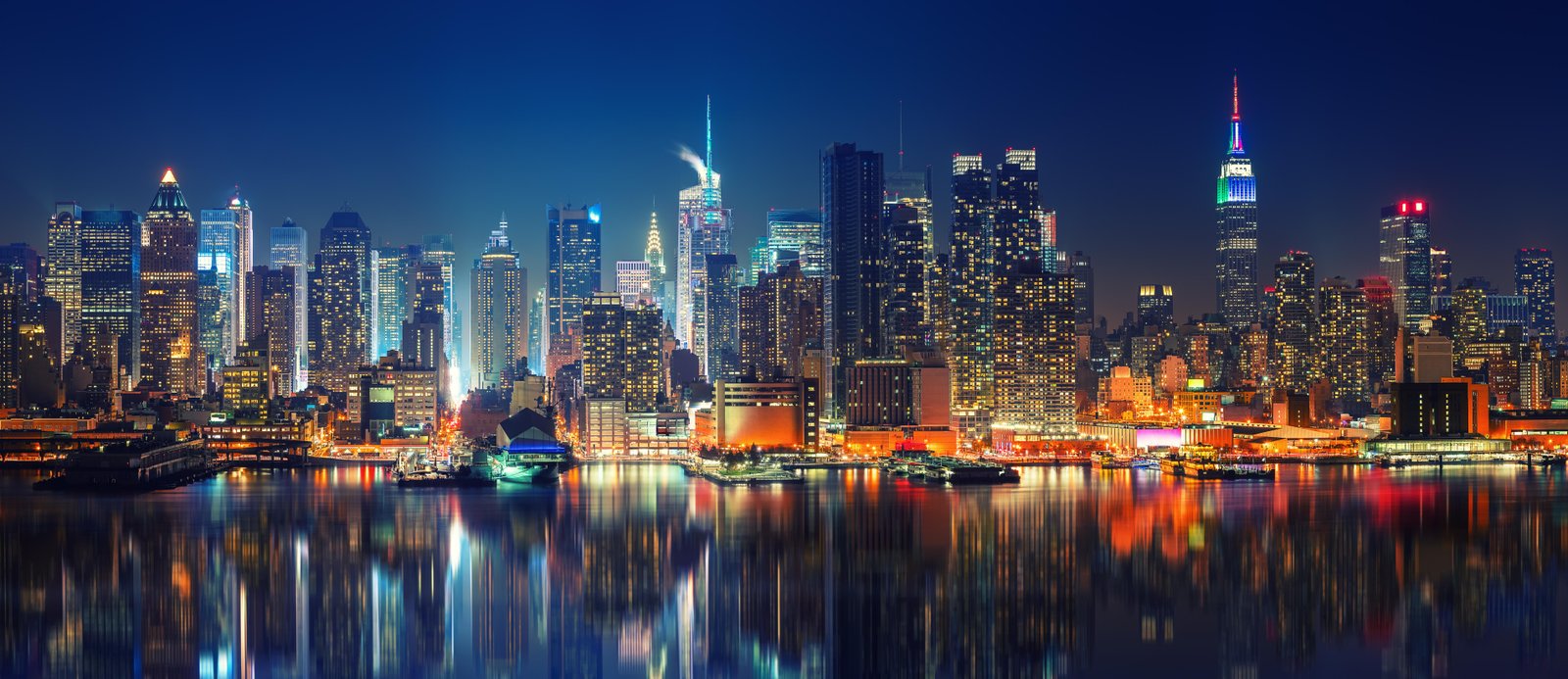 New York lights wide dual monitor city landscape lake night 2k 4k 5k 8k