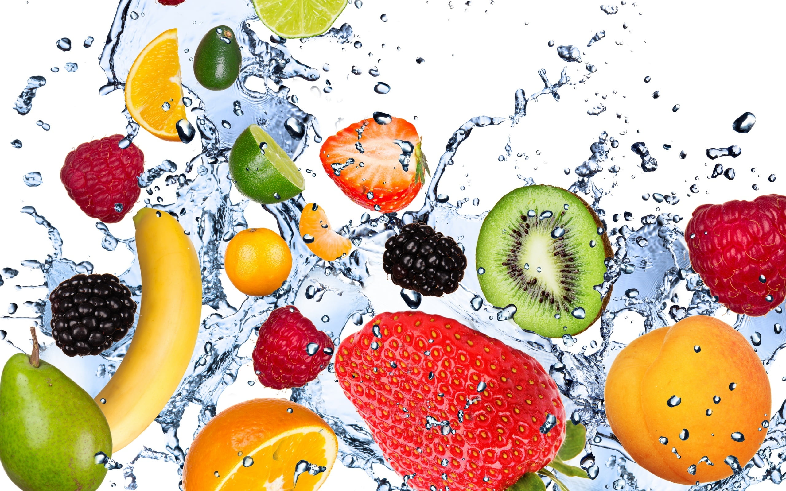 assorted fruits water drops squirt freshness raspberry lemon 2k
