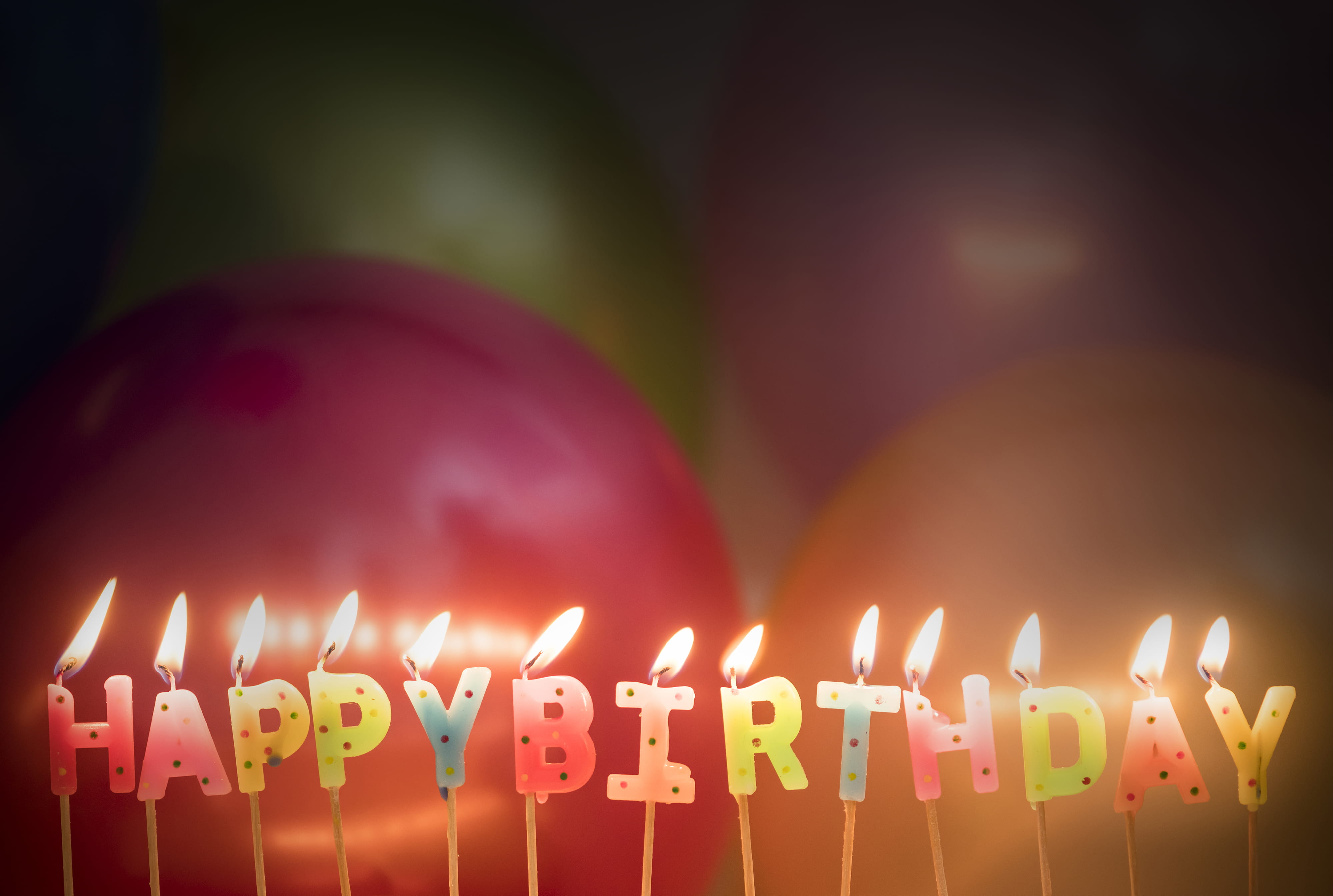 Lighted Happy Birthday Candles background balloons blur bright 2k 4k