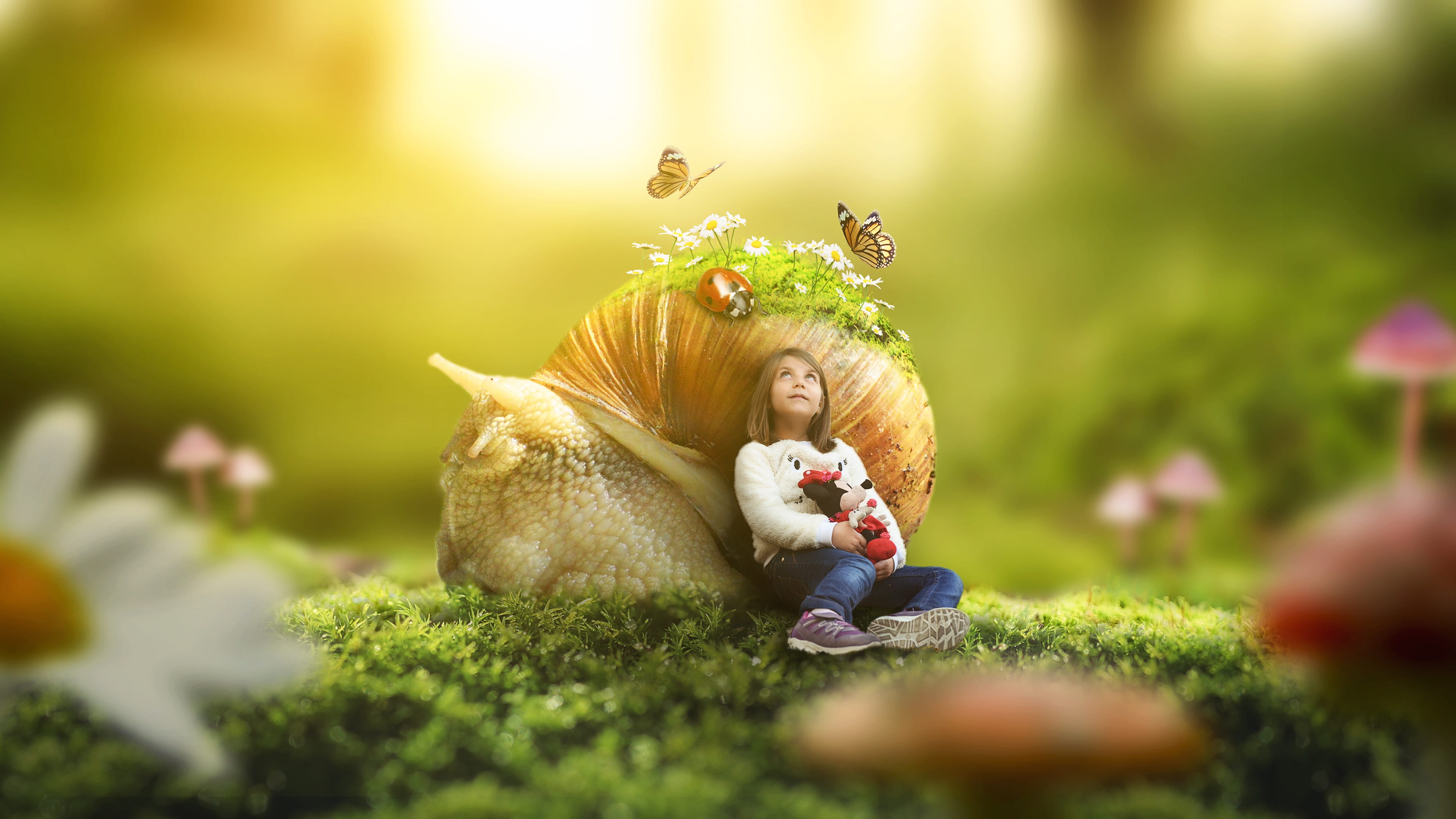 macro photography of girl lying on snail nature outdoors little 2k 4k