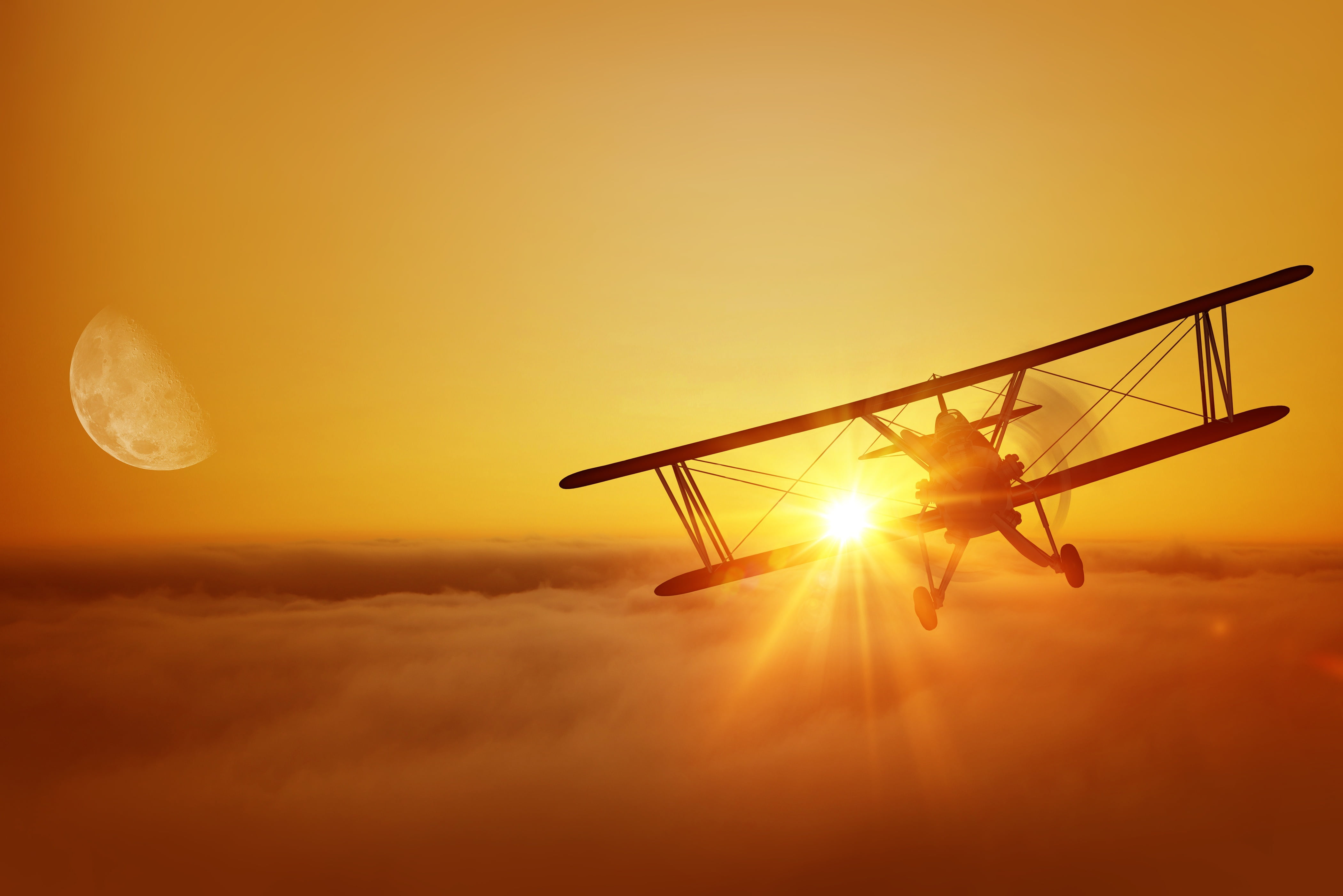 black biplane flight the plane silhouette bokeh single WWI 2k 4k