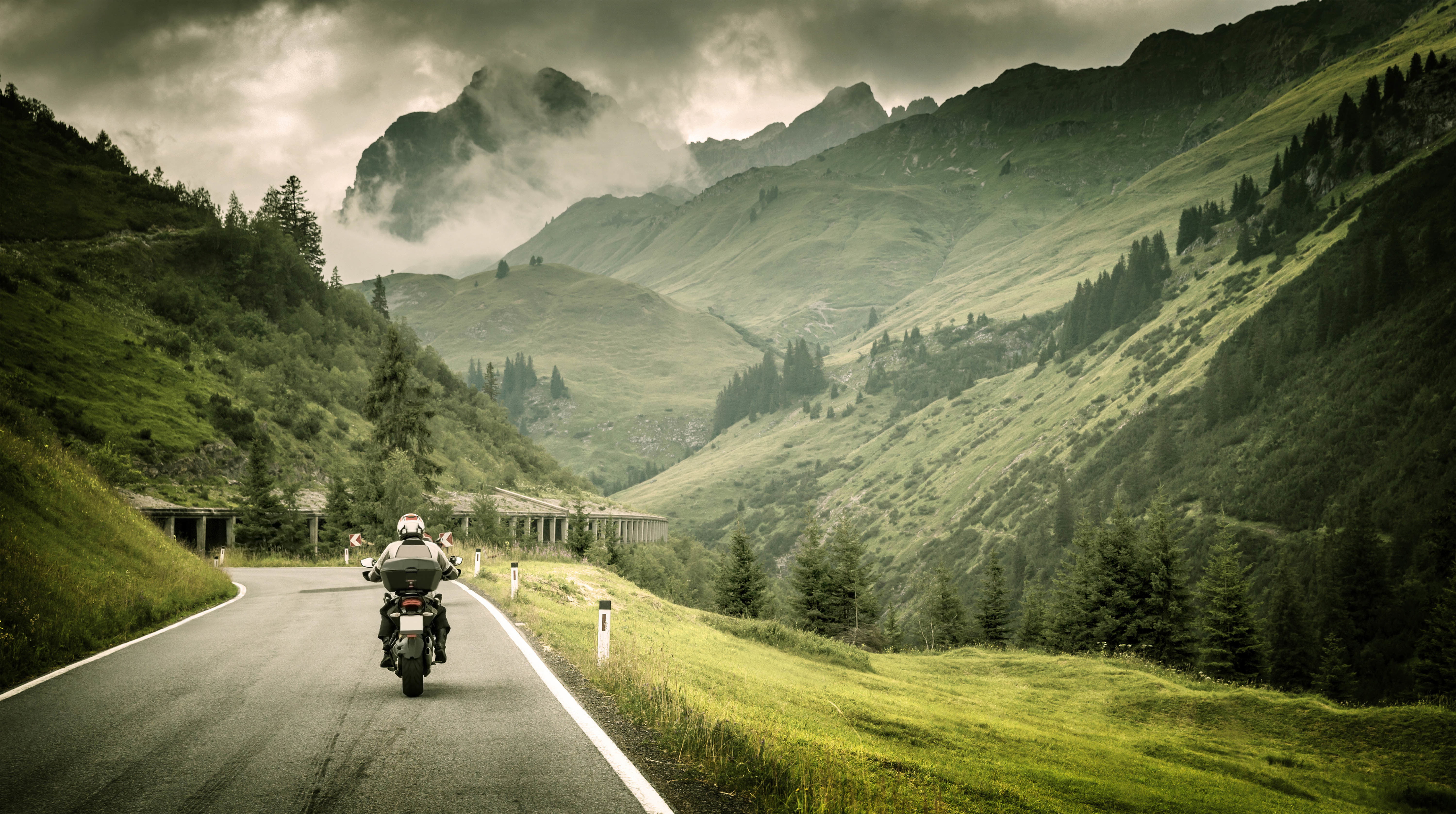 black motorcycle road grass landscape mountains nature markup 2k 4k 5k