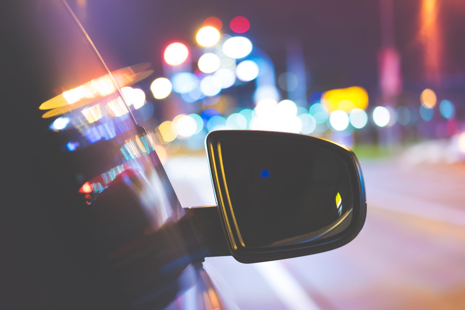Car Side Rear View Mirror with City Bokeh Lights abstract cars 2k 4k 5k