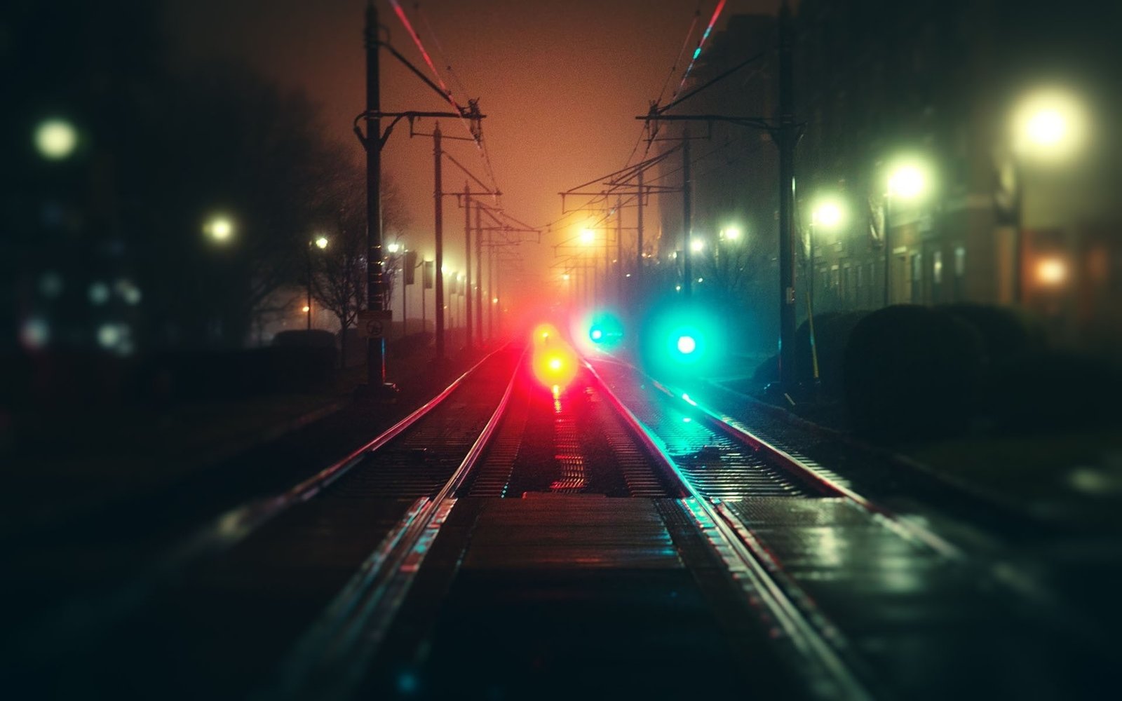 City night rails fog bokeh colorful lights 2k