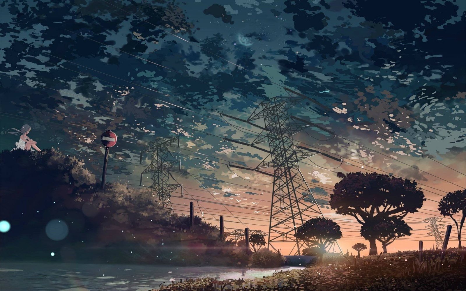gray electric post illustration trees and tower during golden hour 2k