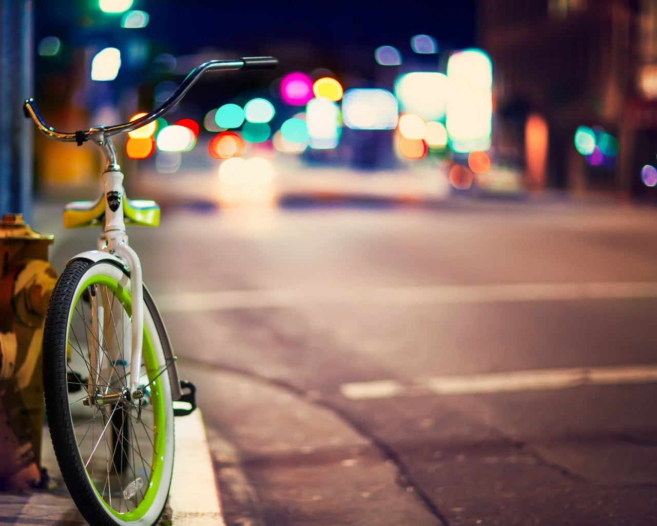 green and white bike bicycle urban vehicle bokeh city lights