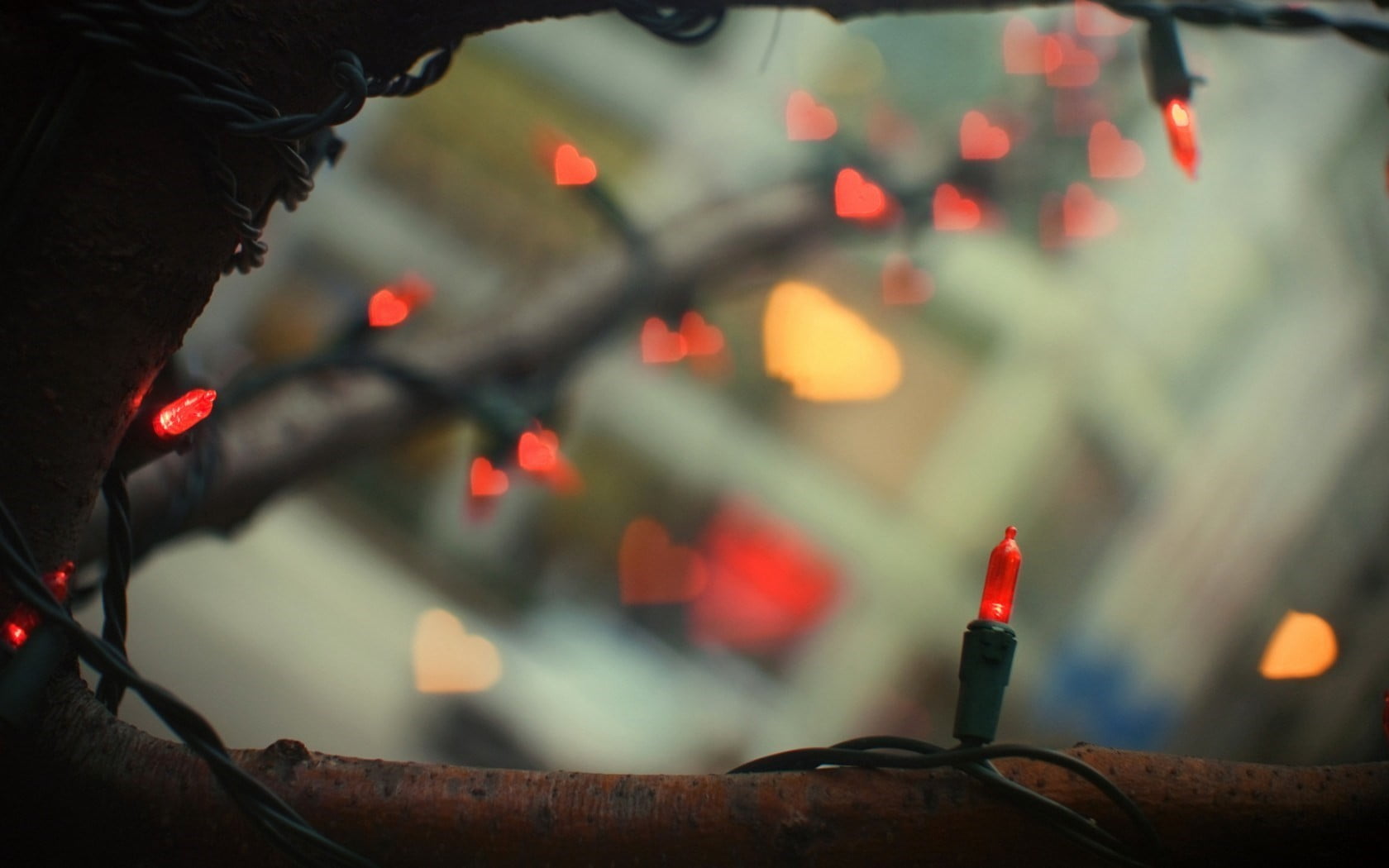 red and green string lights Christmas love heart bokeh focus on foreground 2k