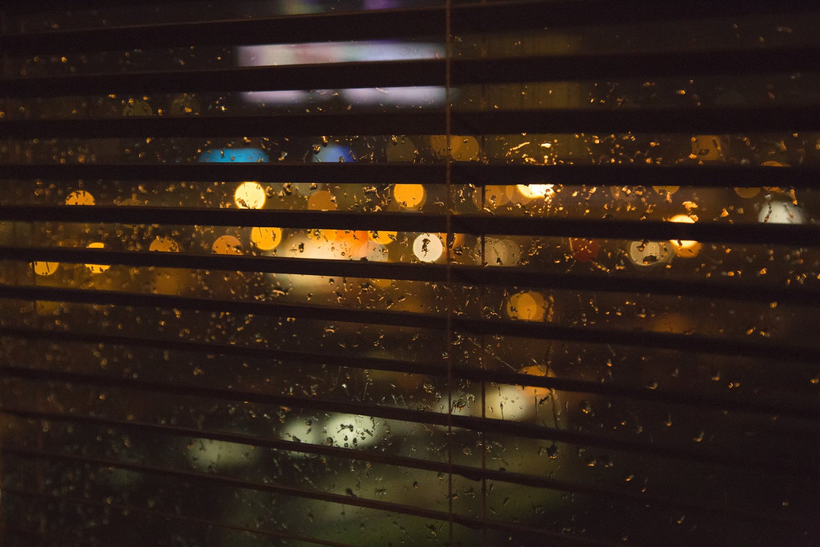 silhouette of window blinds rain blur night lights wet glass 2k 4k 5k