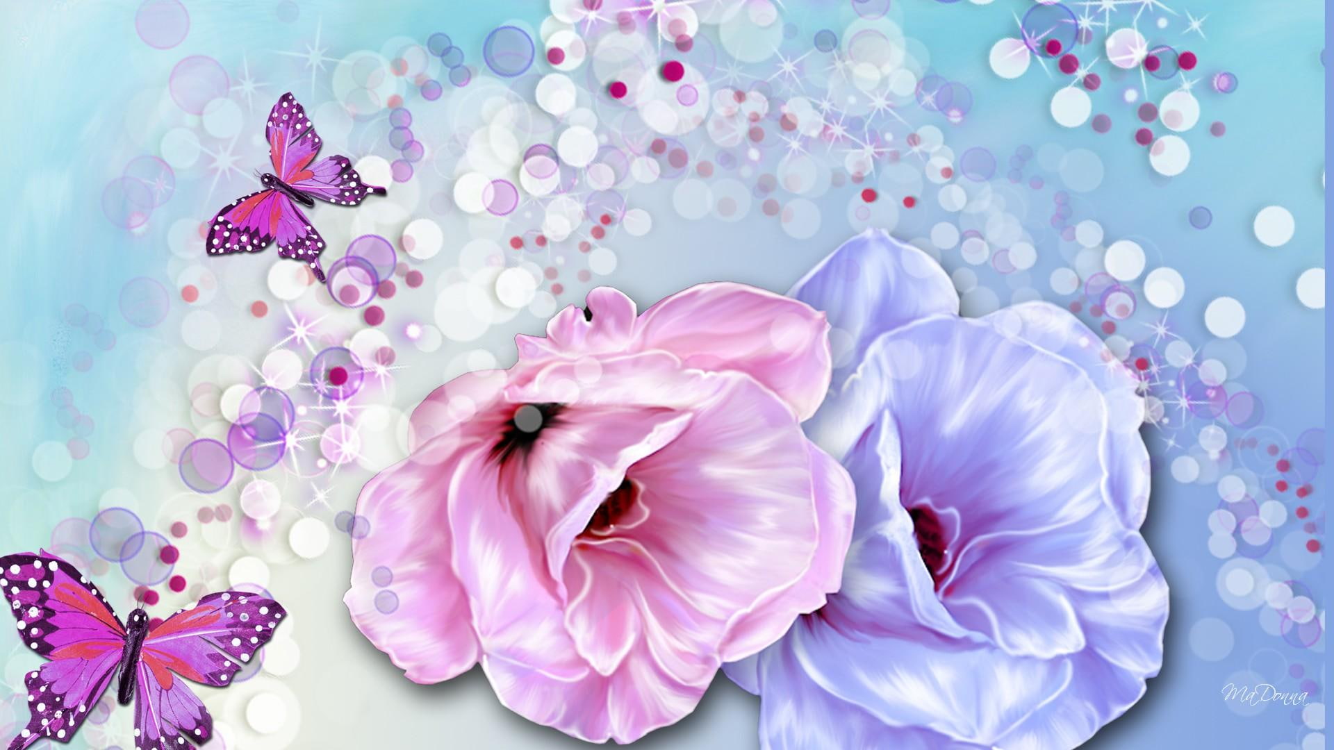 Summer Song two purple butterflies; pink and blue roses poppies 2k