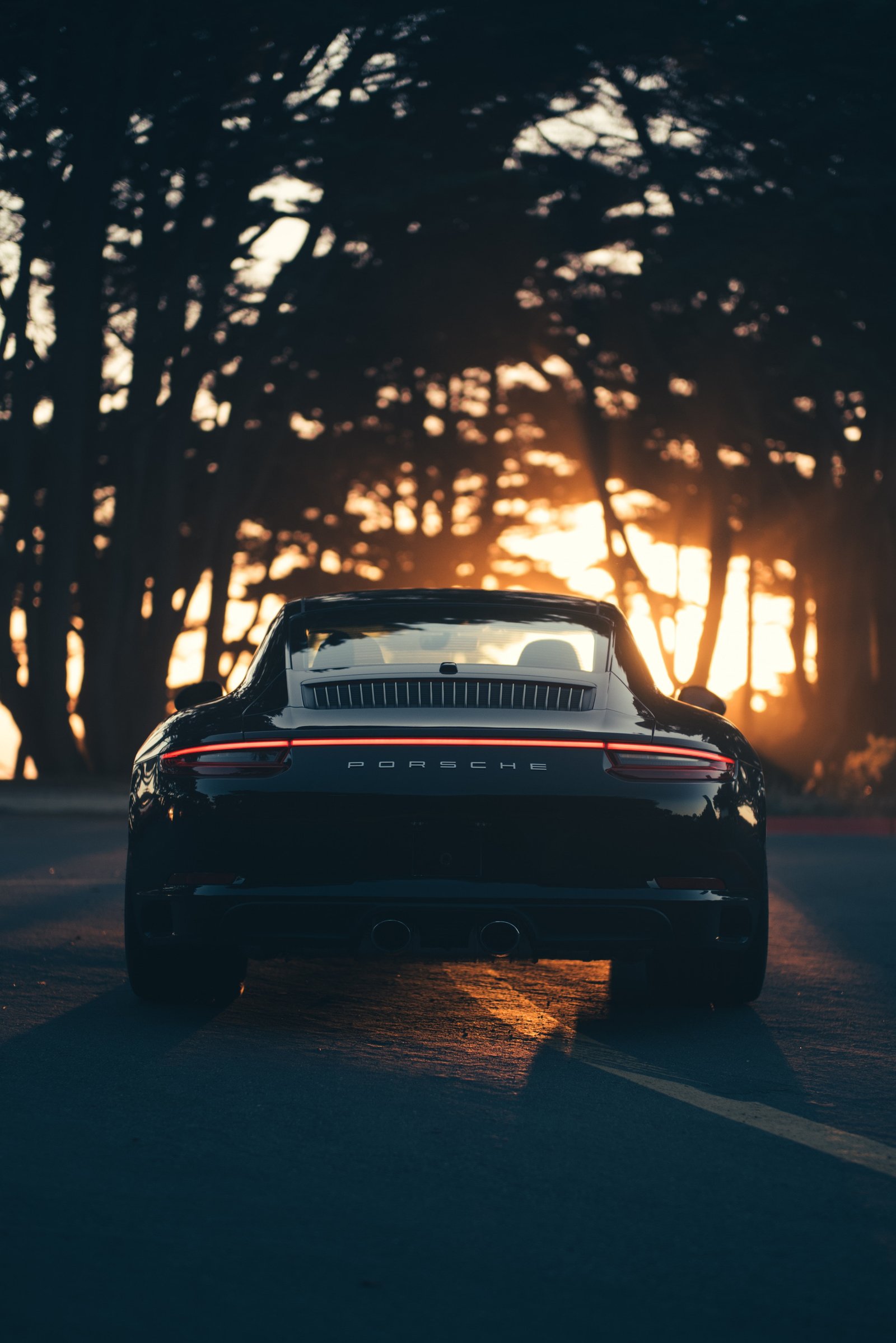 sunset Porsche car sunlight road trees photography bokeh 2k