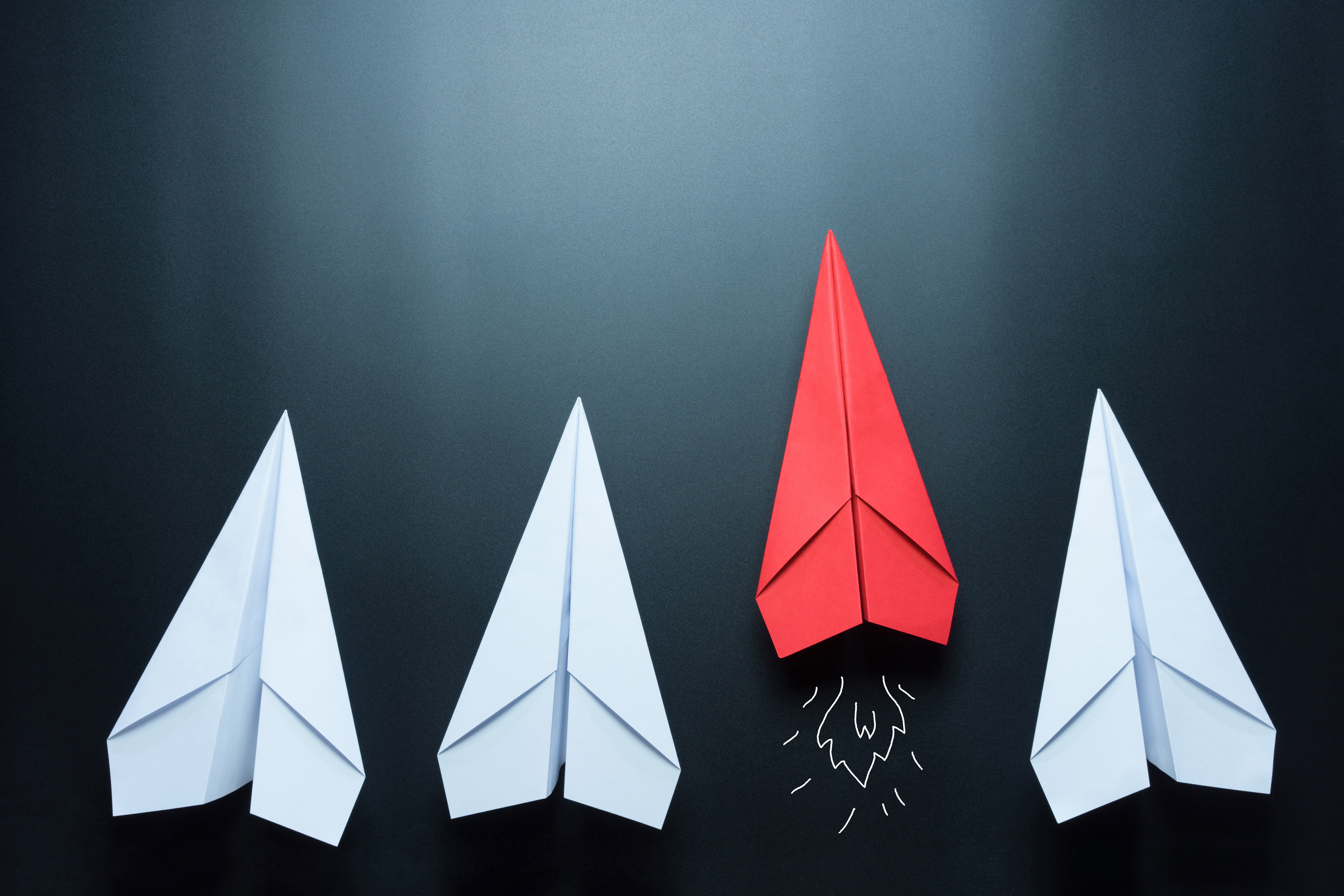 three white and one red paperplanes surface wall minimalism 2k 4k 5k