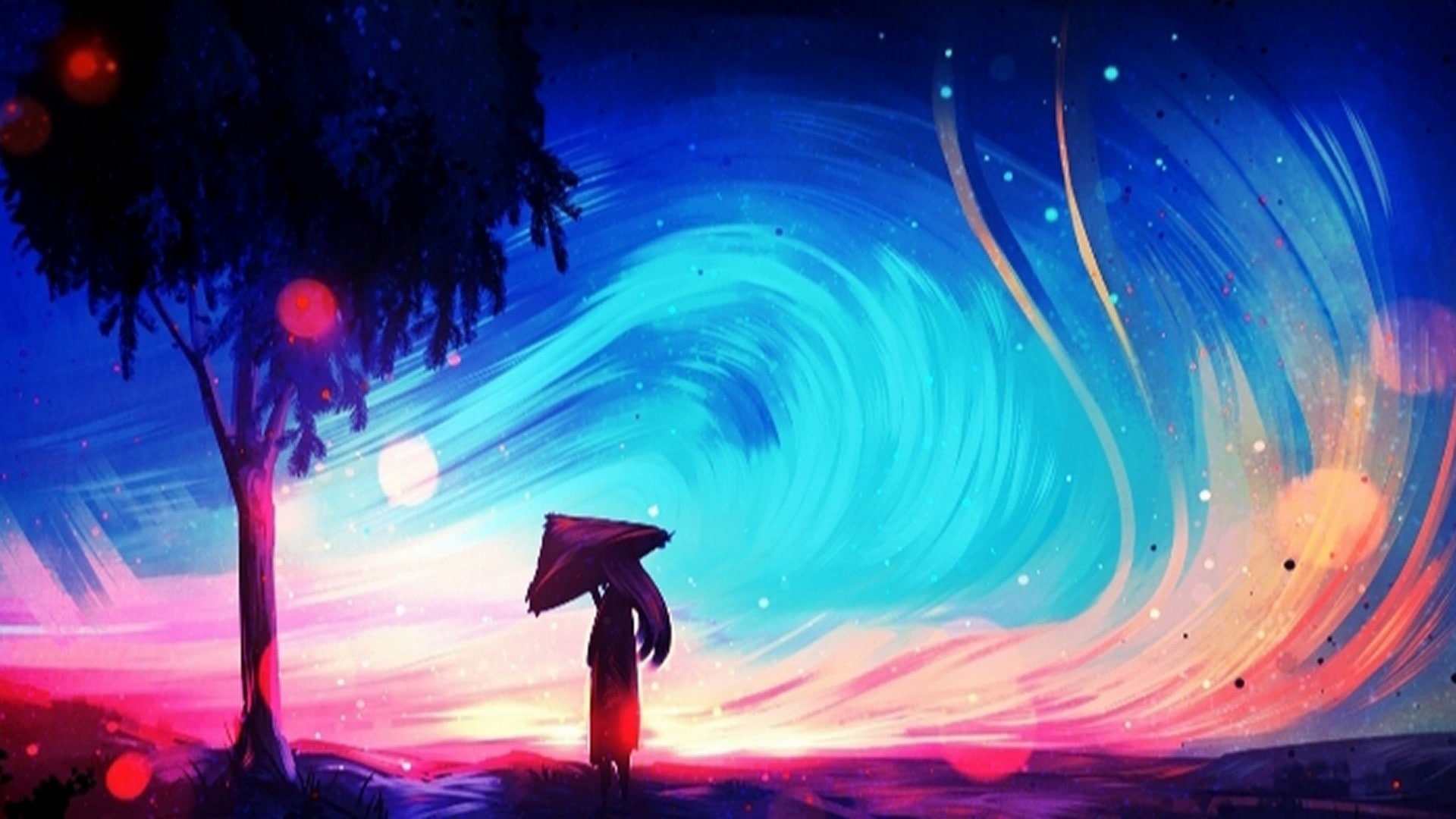 wind fantasy art painting woman umbrella bokeh asian 2k