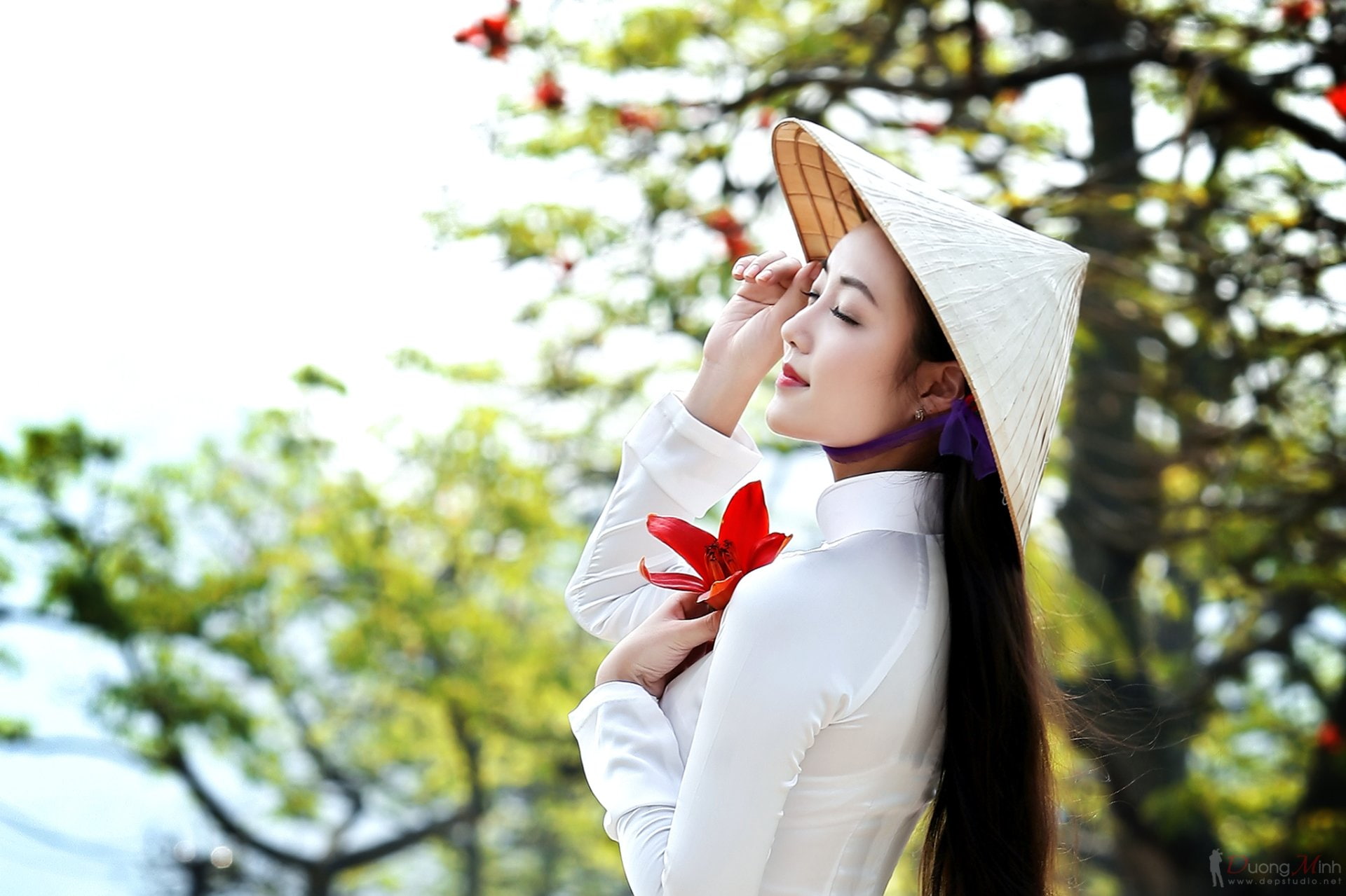 Women Asian Ao Dai Conical Hat Bokeh Flower Girl 2k