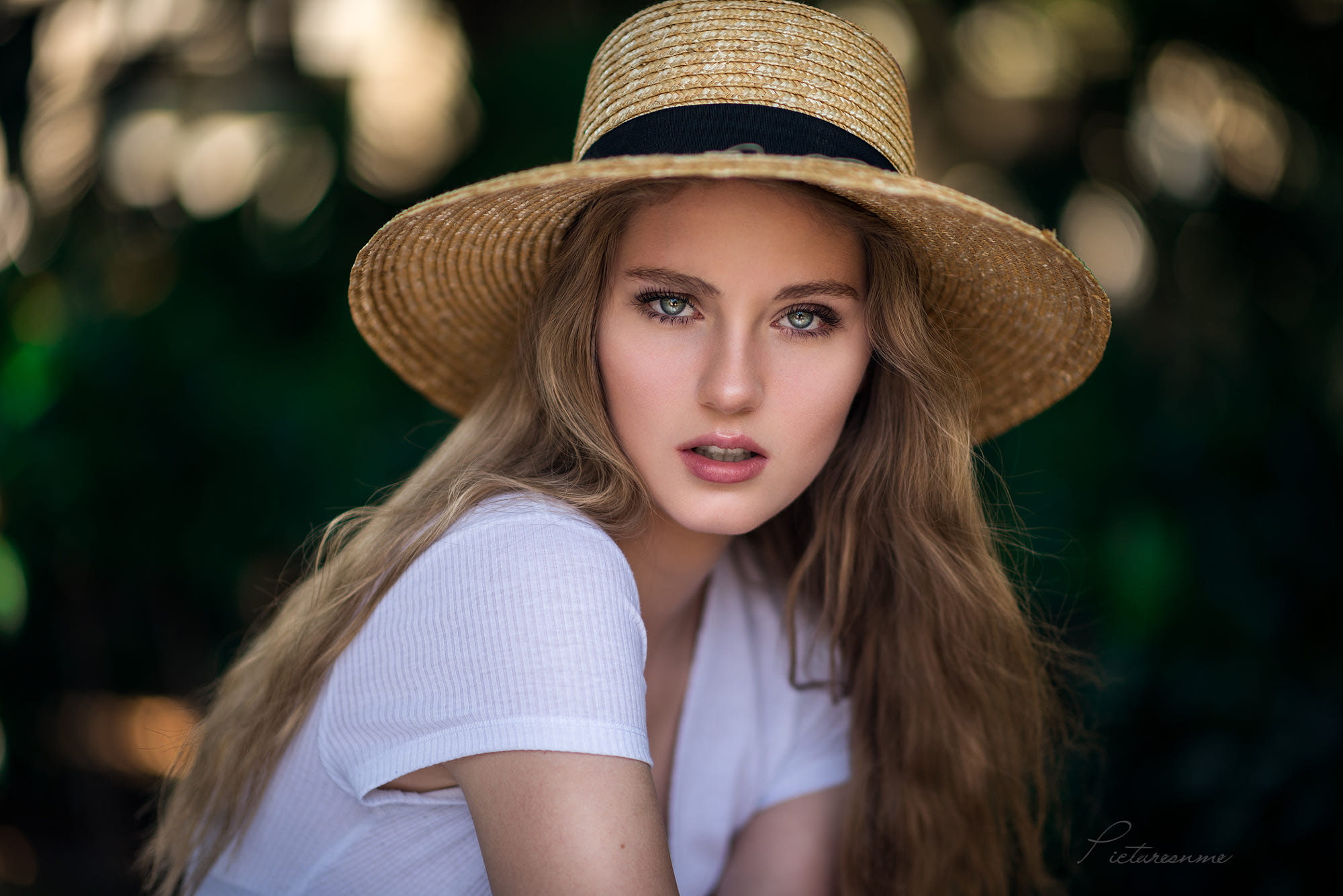 women blonde hat outdoors portrait green eyes white tops 2k