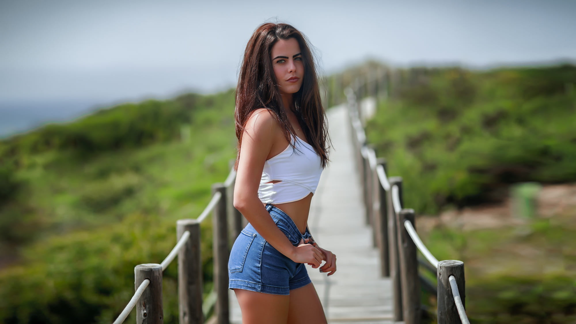 women brunette outdoors bridge short tops long hair 2k