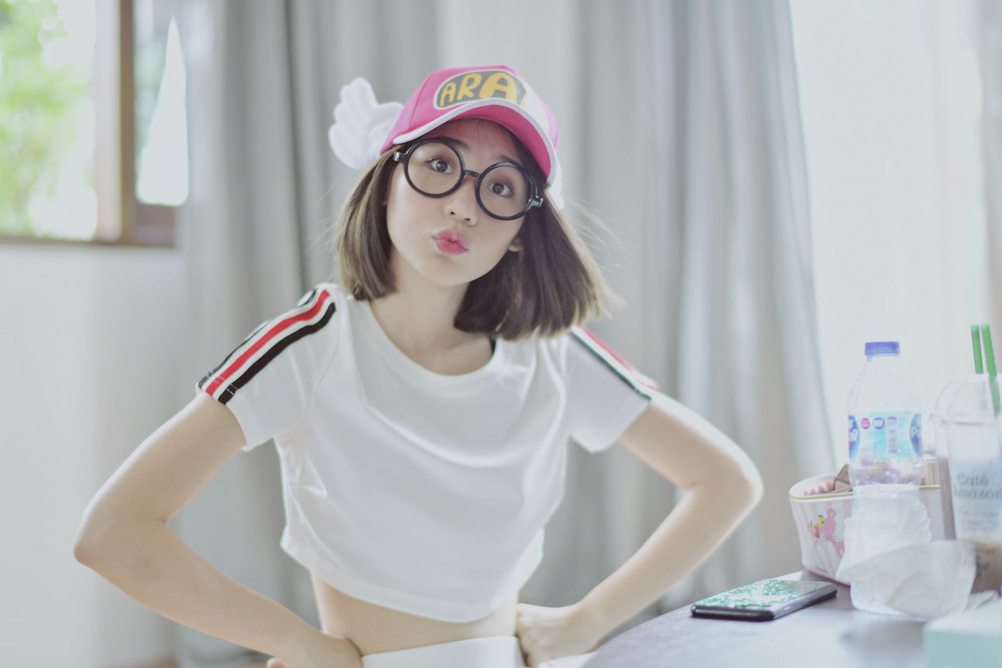 women model brunette Asian portrait baseball caps fake glasses 2k