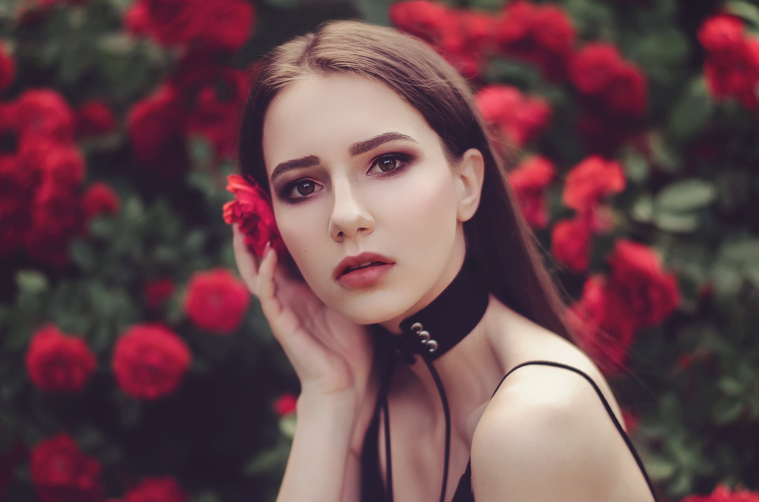 women s black cage chocker brunette long hair outdoors 2k