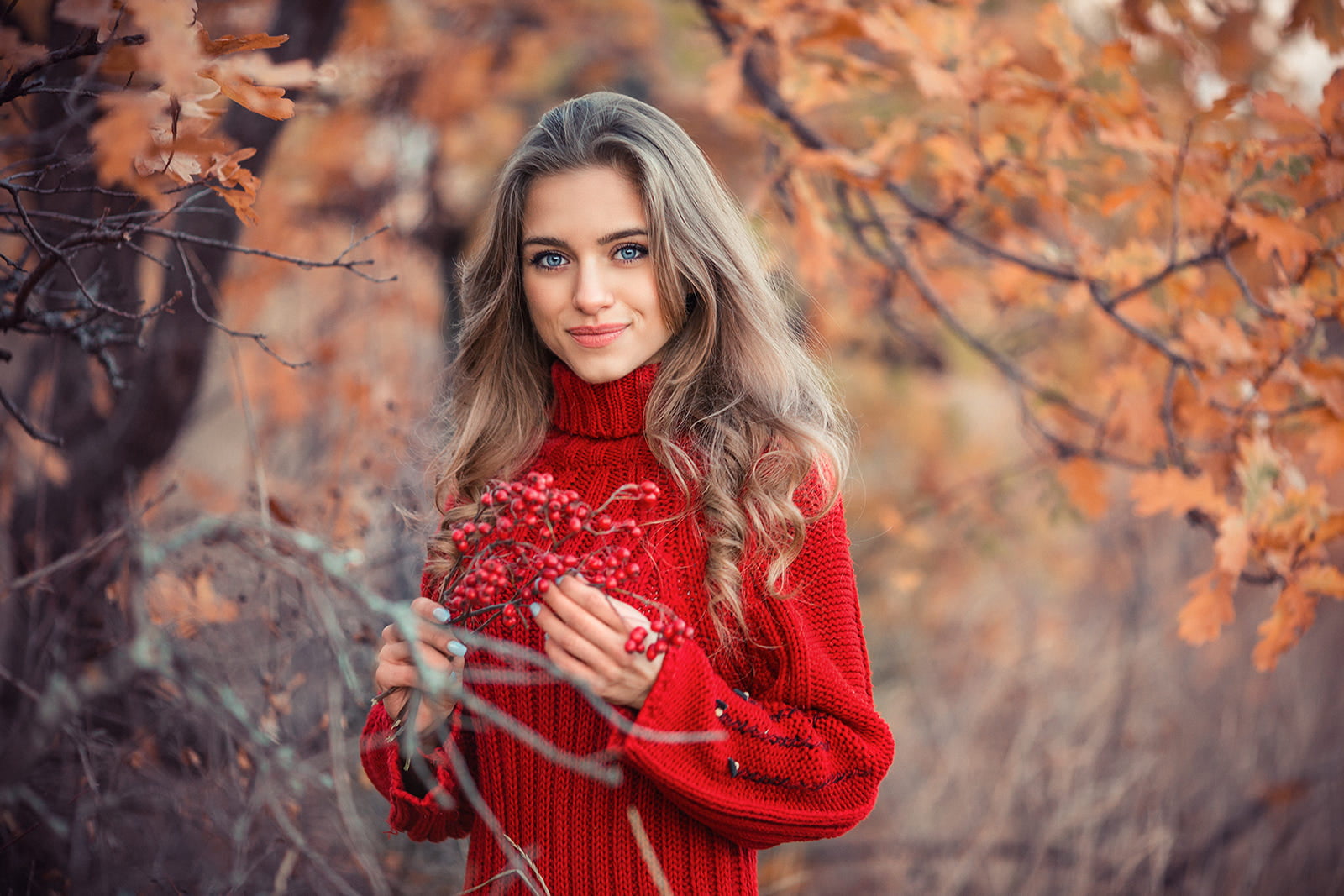 women s red sweater woman wearing standing near tree landscape photograph 2k