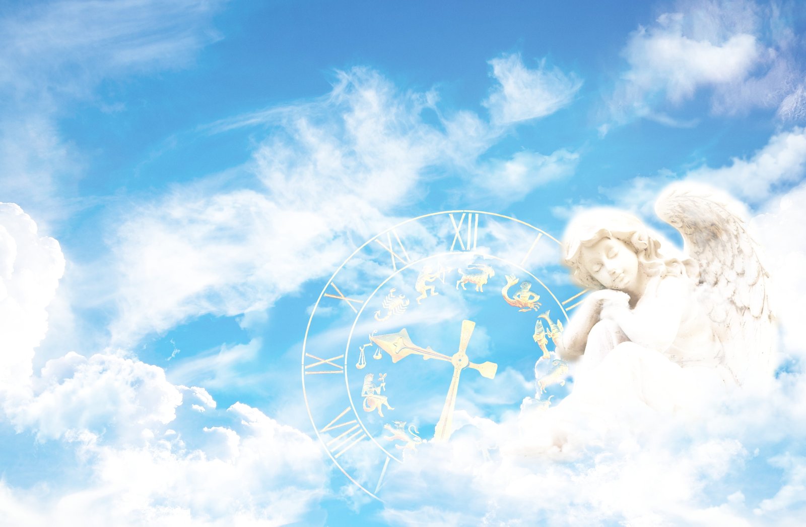 blue sky white clouds and angel illustration fantasy clock 2k 4k 5k