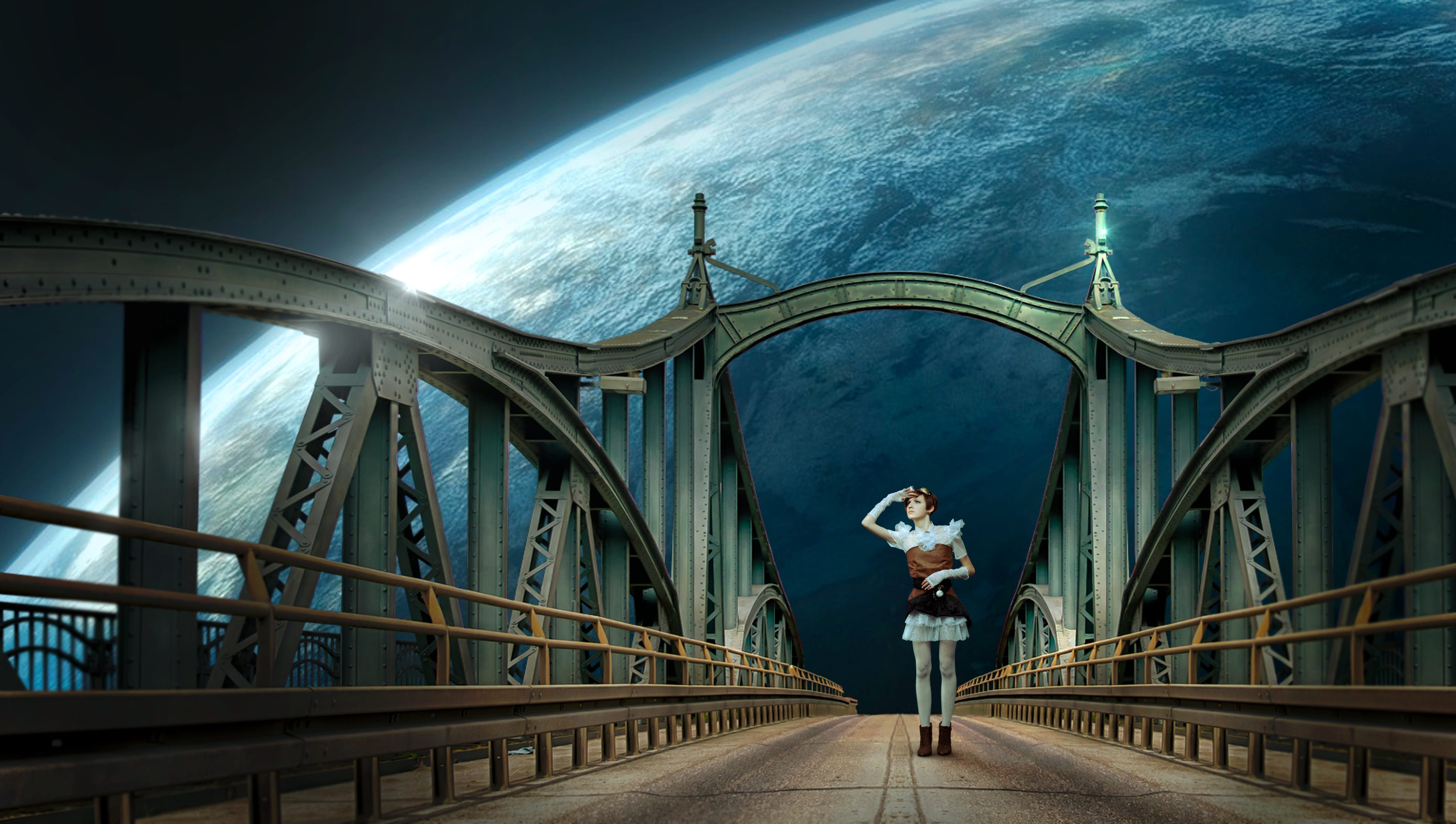 brown and gray bridge fantasy planet woman surreal composing 2k 4k 5k
