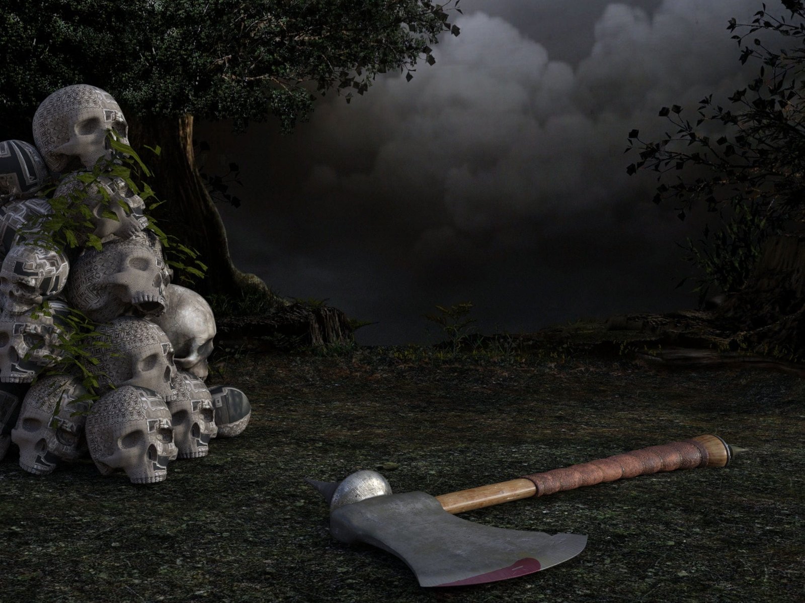 brown handled axe on ground beside gray human skulls tree weird 2k